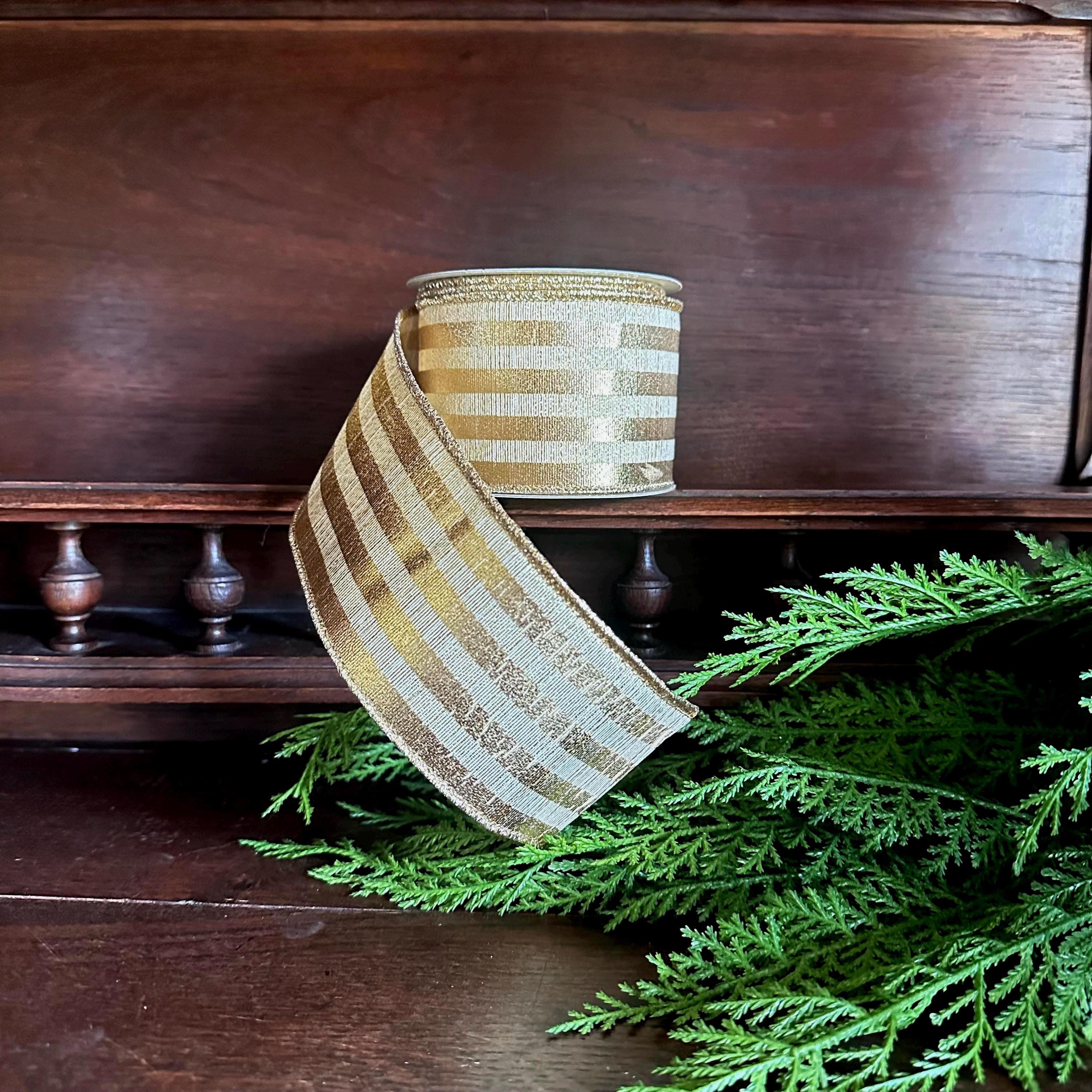 Gold Christmas Ribbon Wired Ribbon Christmas Tree Ribbon Wreath Ribbon Metallic Stripe Bow Making