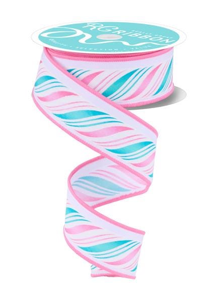 Wired Peppermint Ribbon Winter Holiday Craft Supply Professional Gift Wrapping Material Twist Pattern Design White Pink Ice Blue Mint Color Collection Bow Making Essential Wire Edge Construction Premium Quality Trim Ten Yard Length Project