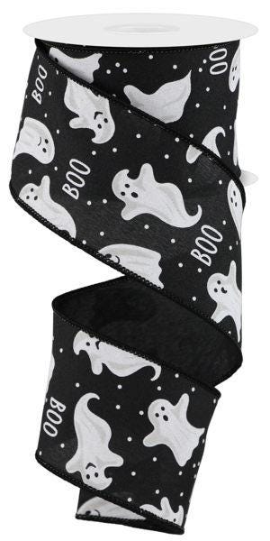 2.5" wide and 10 yards on a spoil this, Halloween Wired Ribbon Black Background Ghost Pattern. The white ghost is going into different directions with the word "BOO" throughout the ribbon. Small white polka dots are throughout the ribbon. Perfect for wreaths, garlands, Halloween decor, craft supplies, project supply. The ribbon holds its shape because of the wire edge. Wreath Making Essential Door Hanging Accent Spooky Style Design Haunted House Project Supply Beautiful