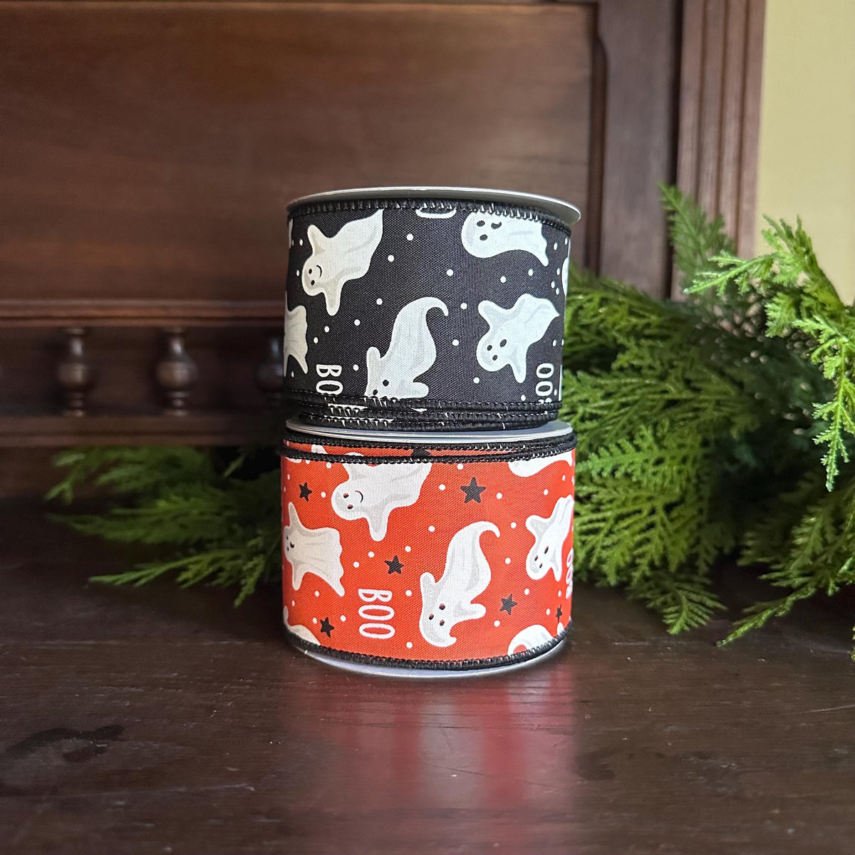 Wired Craft Ribbon Halloween Theme Ghost Pattern Black Background Premium Quality Construction Shape Holding Edges Door Hanging Supply Wreath Making Material Spooky Style Design Ten Yard Roll Beautiful BOO Text Pattern Haunted House Project