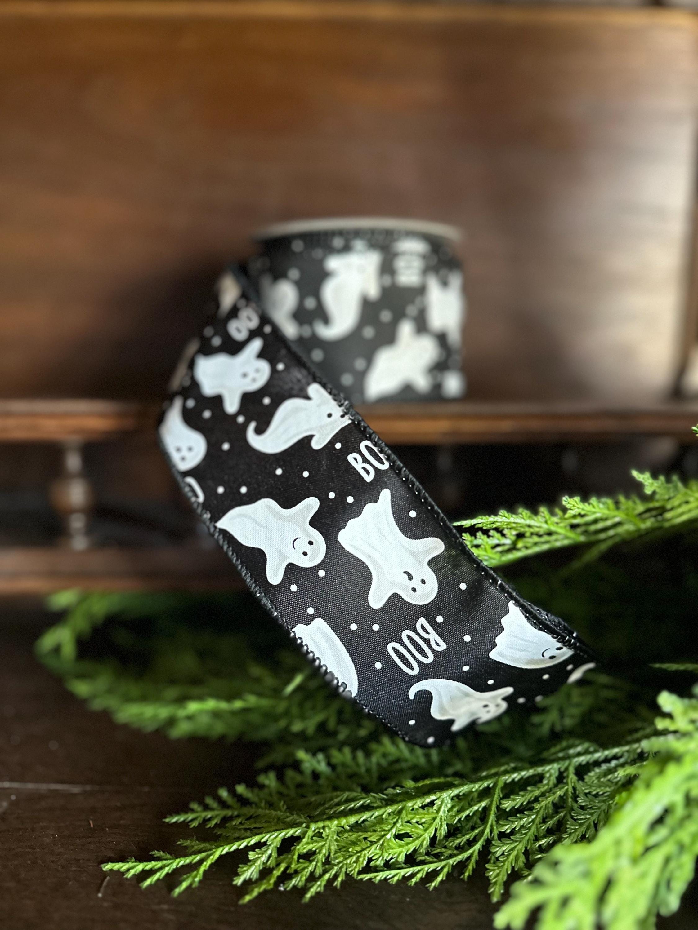 Black Halloween Ribbon Ghost Pattern Design Premium Craft Supply Wired Edge Construction Ten Yard Roll Two Point Five Width Shape Holding Material Door Accent Essential Wreath Making Supply Beautiful BOO Text Pattern Project Material