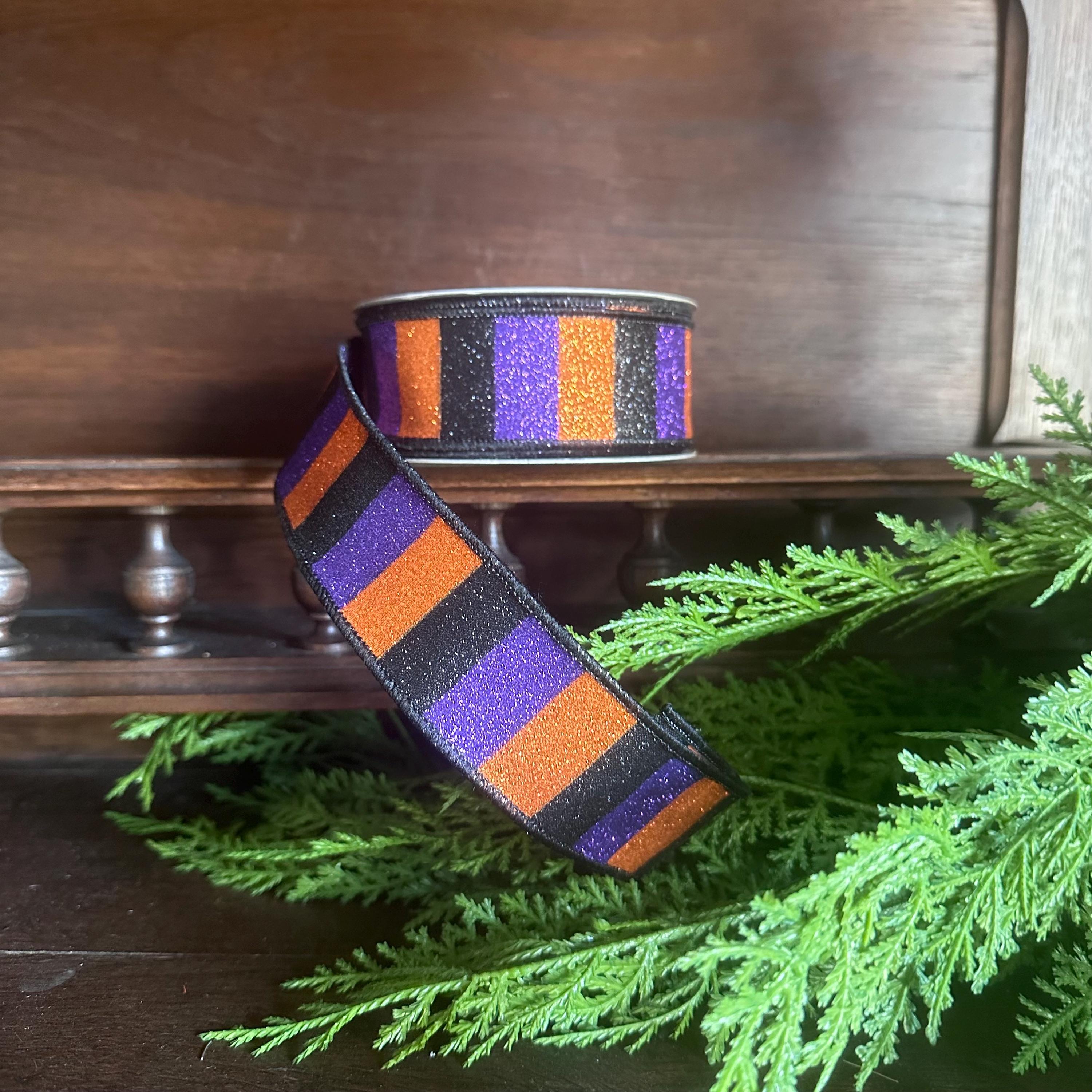 Wired Edge Ribbon Halloween Theme Sparkly Design Black Orange Purple Stripes Premium Craft Material Party Decoration Supply Wreath Making Essential Bow Creation Project Holiday Accent Trim Festive Collection Creative Supply Wide Roll