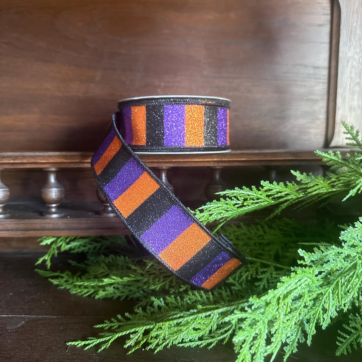 Wired Edge Ribbon Halloween Theme Sparkly Design Black Orange Purple Stripes Premium Craft Material Party Decoration Supply Wreath Making Essential Bow Creation Project Holiday Accent Trim Festive Collection Creative Supply Wide Roll