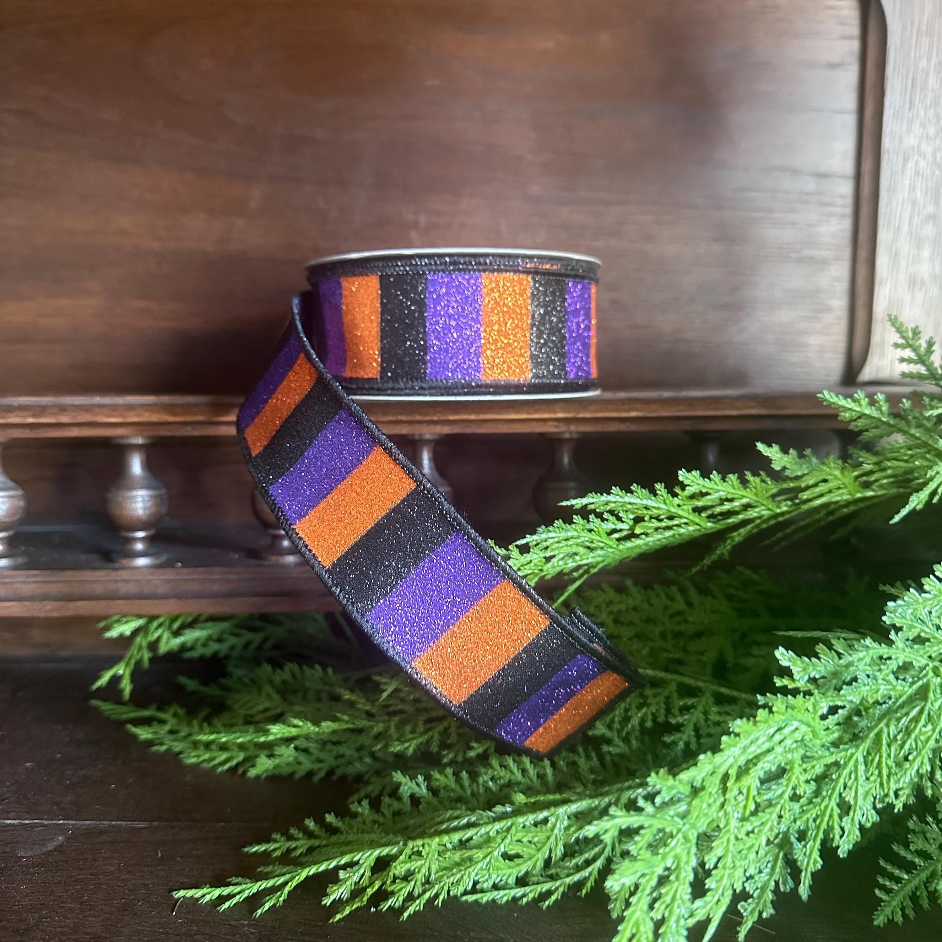 Wired Edge Ribbon Halloween Theme Sparkly Design Black Orange Purple Stripes Premium Craft Material Party Decoration Supply Wreath Making Essential Bow Creation Project Holiday Accent Trim Festive Collection Creative Supply Wide Roll