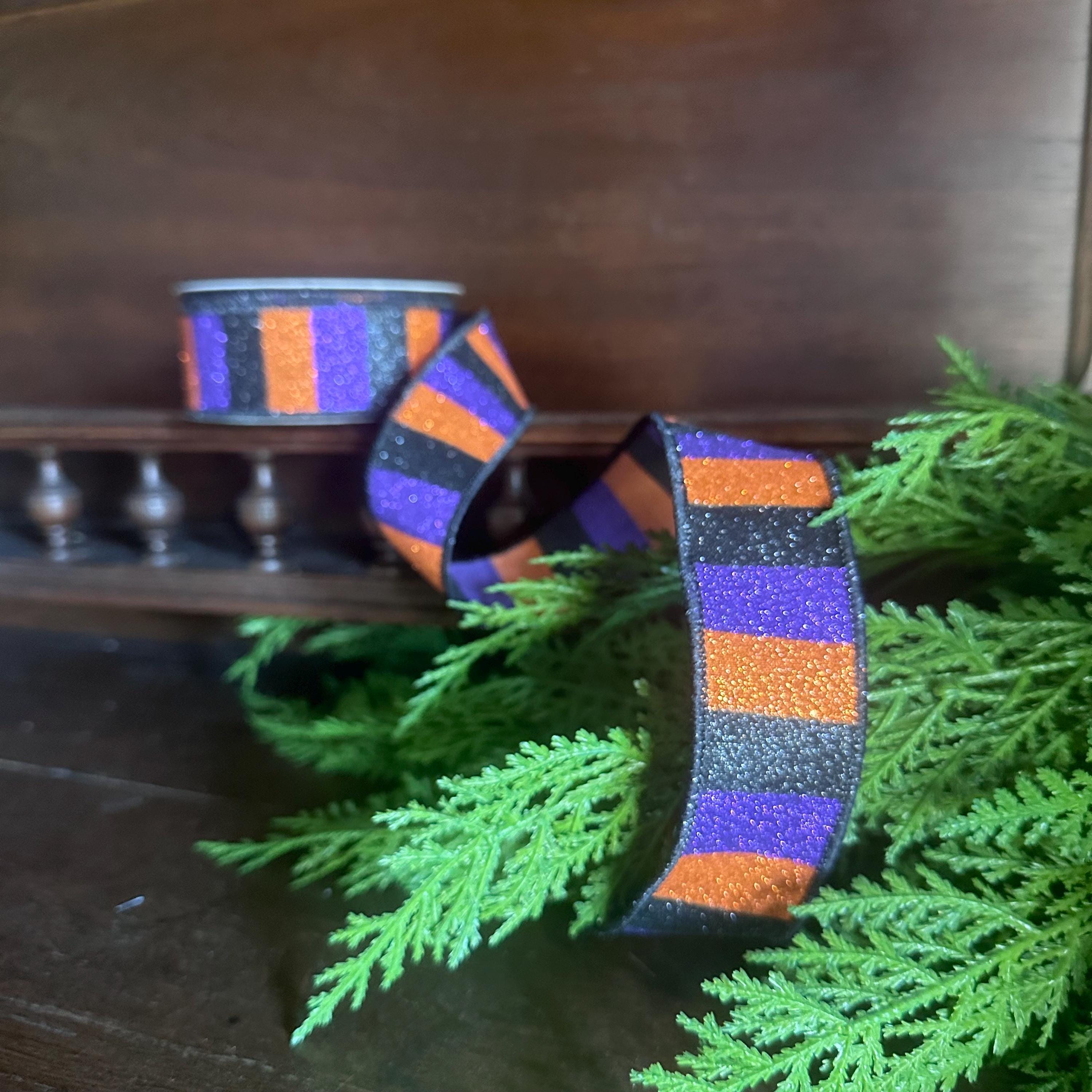 Halloween Wired Ribbon Sparkly Glitter Stripe Design Black Orange Purple Craft Supply Premium Quality Material Wreath Making Essential Party Accent Bow Creation Project Supply Holiday Theme Decorative Trim Wide Roll Festive Crafting