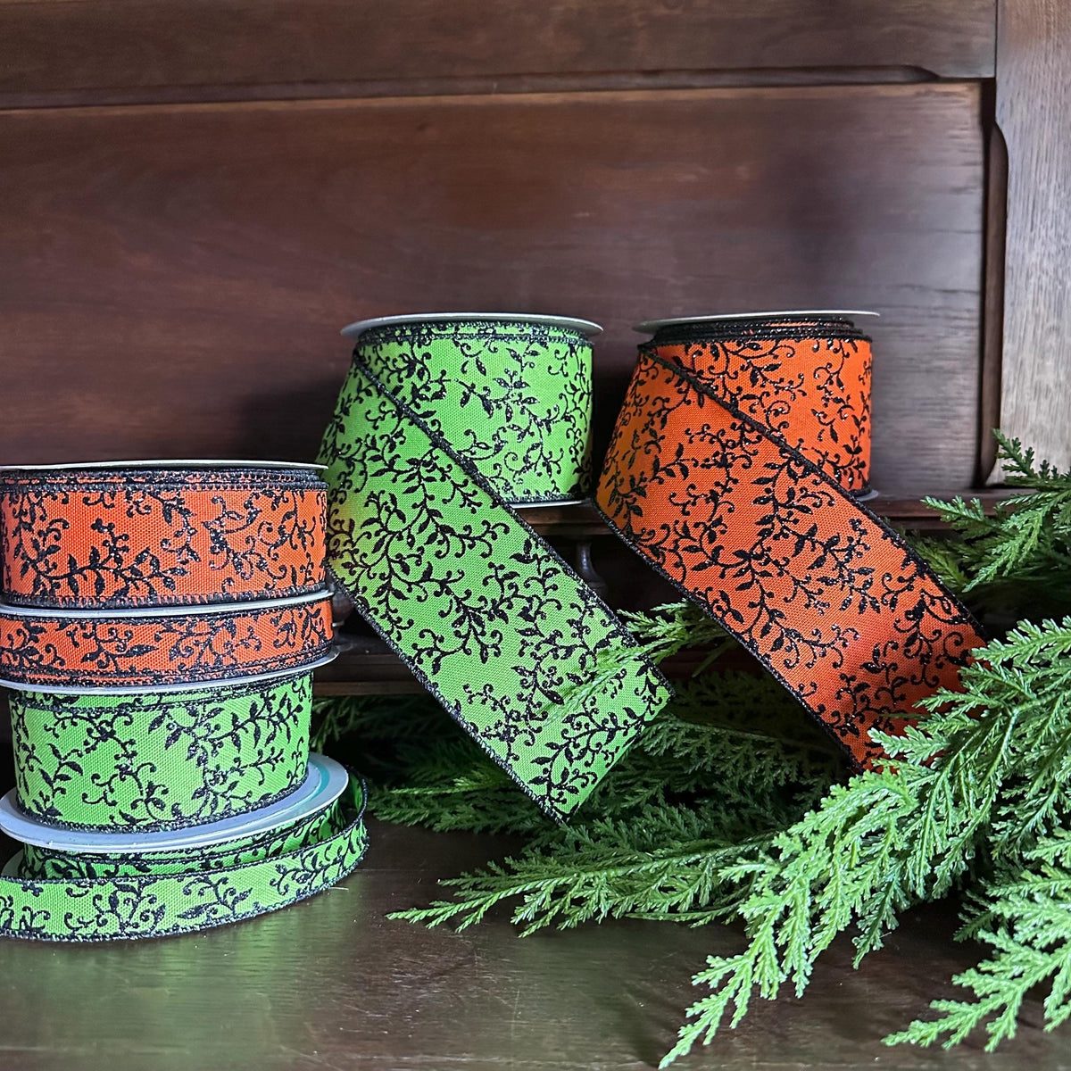 Halloween Wired Ribbon Black Glitter Pattern Premium Craft Supply Wreath Making Material Door Bow Creation Orange Trim Design Fall Project Essential Multiple Width Options Ten Yard Roll Professional Quality Construction Seasonal Craft