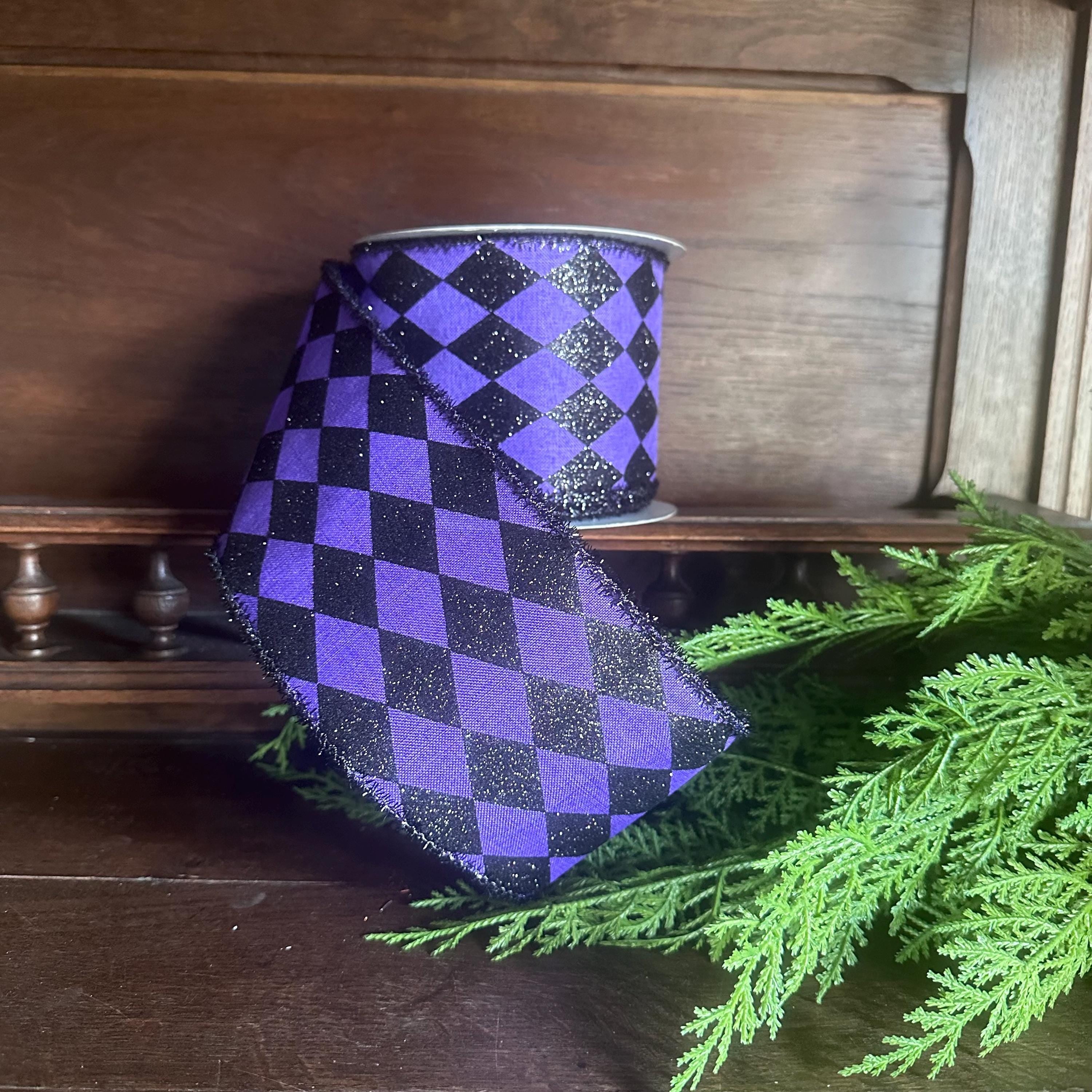 Harlequin Ribbon Purple Black Glitter Wired Edge Ribbon Halloween Decor Mardi Gras Ribbon Wreath Bow Ribbon 10 Yard Roll