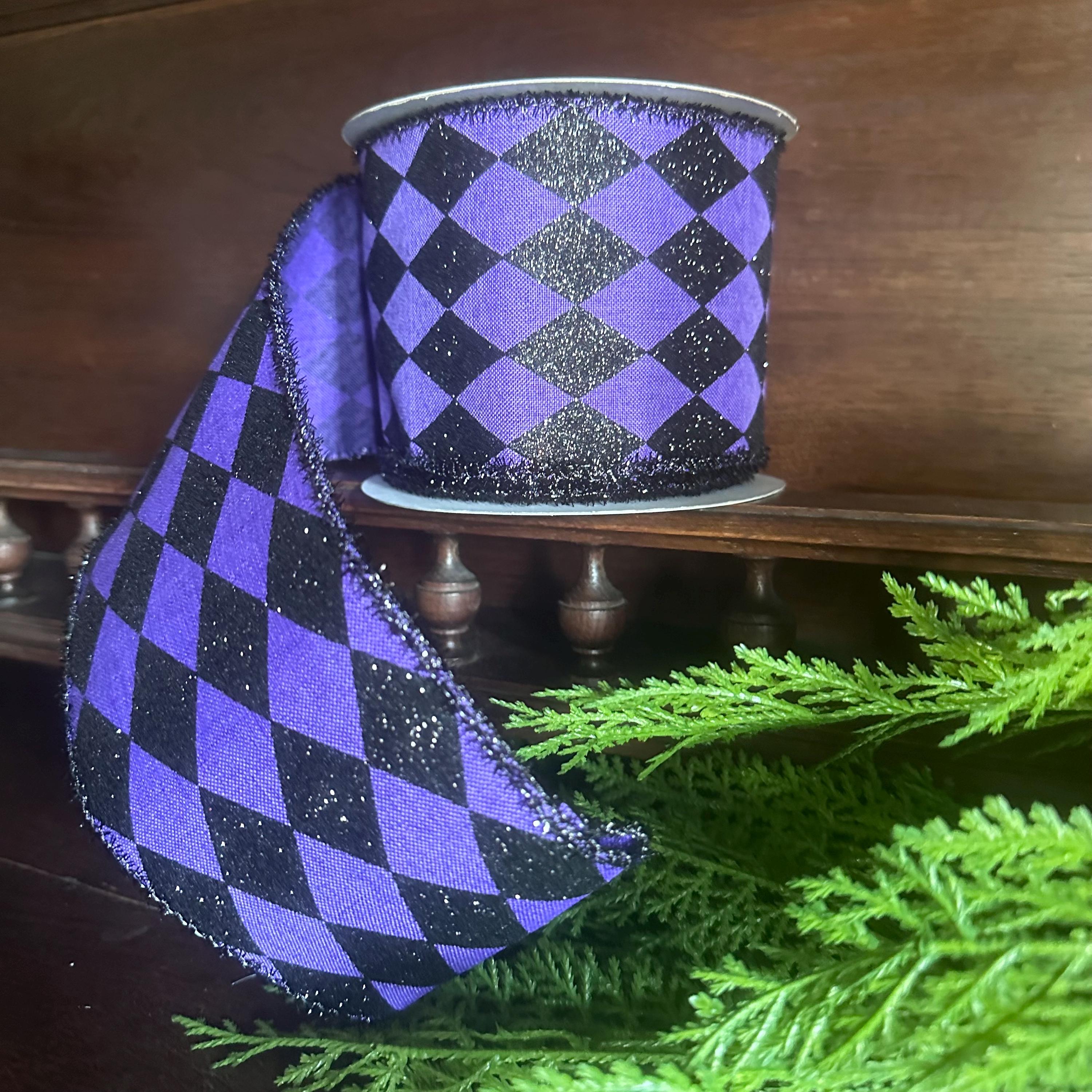 Harlequin Ribbon Purple Black Glitter Wired Edge Ribbon Halloween Decor Mardi Gras Ribbon Wreath Bow Ribbon 10 Yard Roll