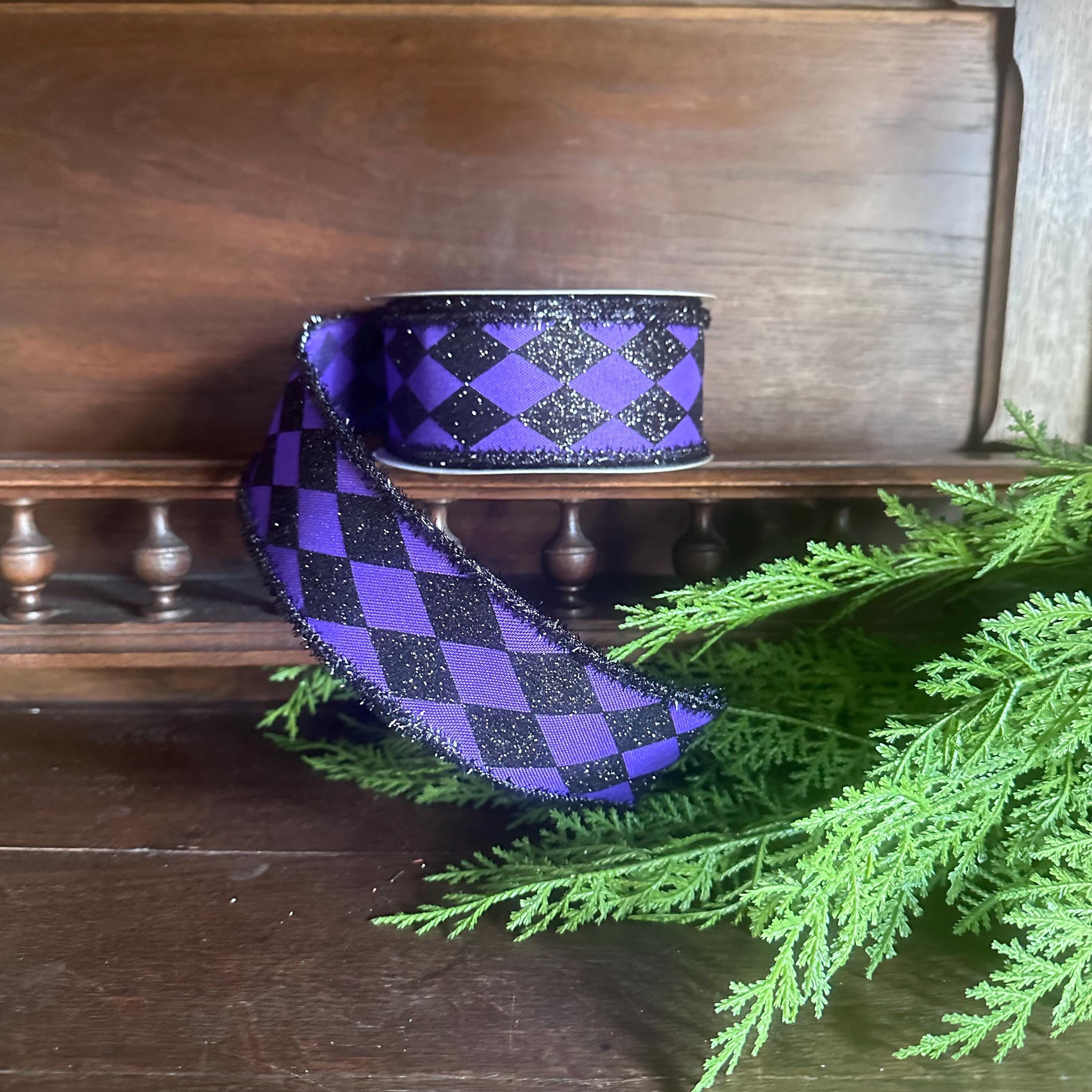 Harlequin Ribbon Purple Black Glitter Wired Edge Ribbon Halloween Decor Mardi Gras Ribbon Wreath Bow Ribbon 10 Yard Roll