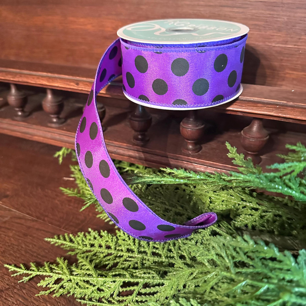 Purple Polka Dot Ribbon | Halloween Wired Ribbon | Wreath & Bow Making Ribbon
