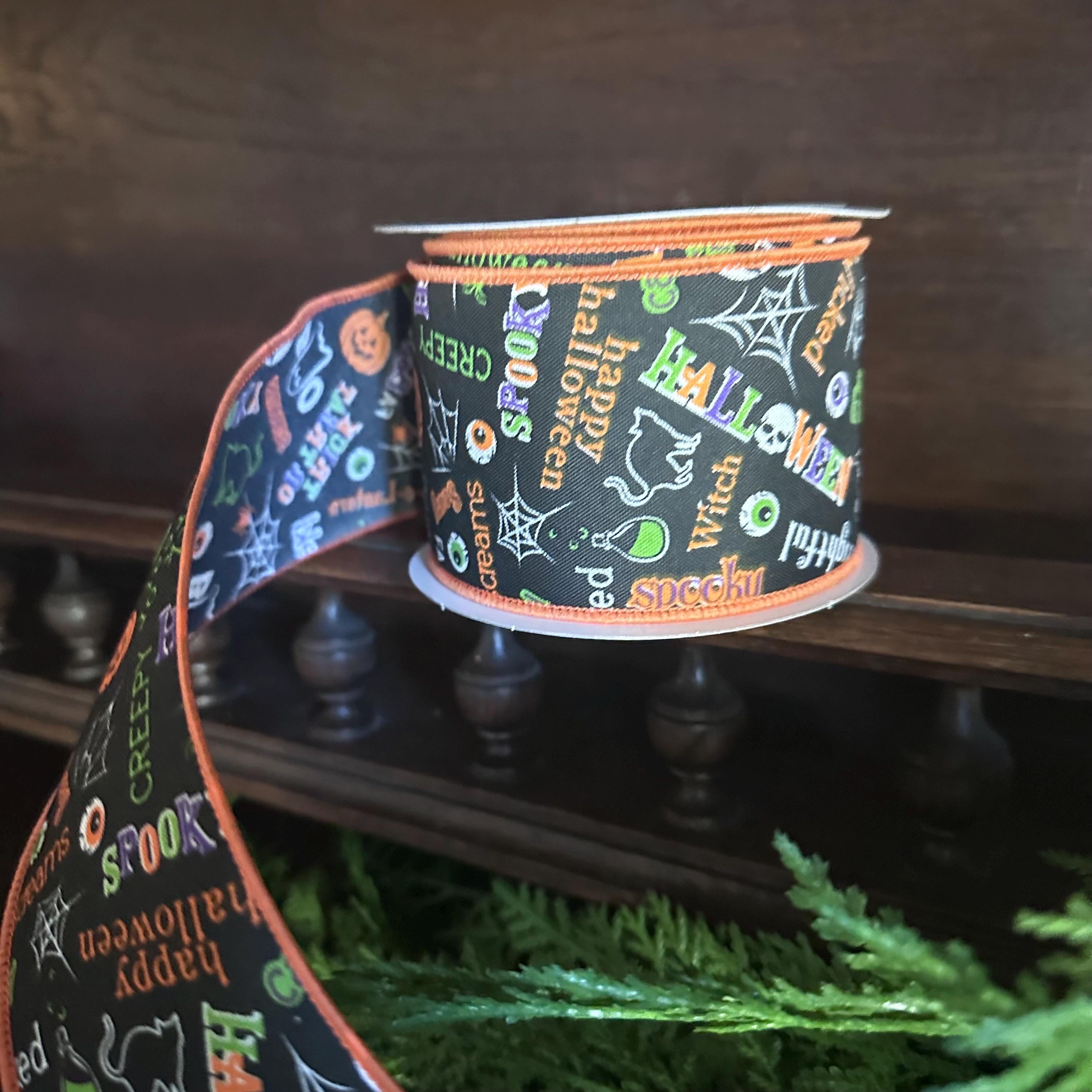 Halloween Ribbon Trick or Treat Ribbon Wired Edge Ribbon Pumpkin Ghost Black Cat Witch Ribbon Wreath Ribbon 2.5 Inch 10 Yard Roll