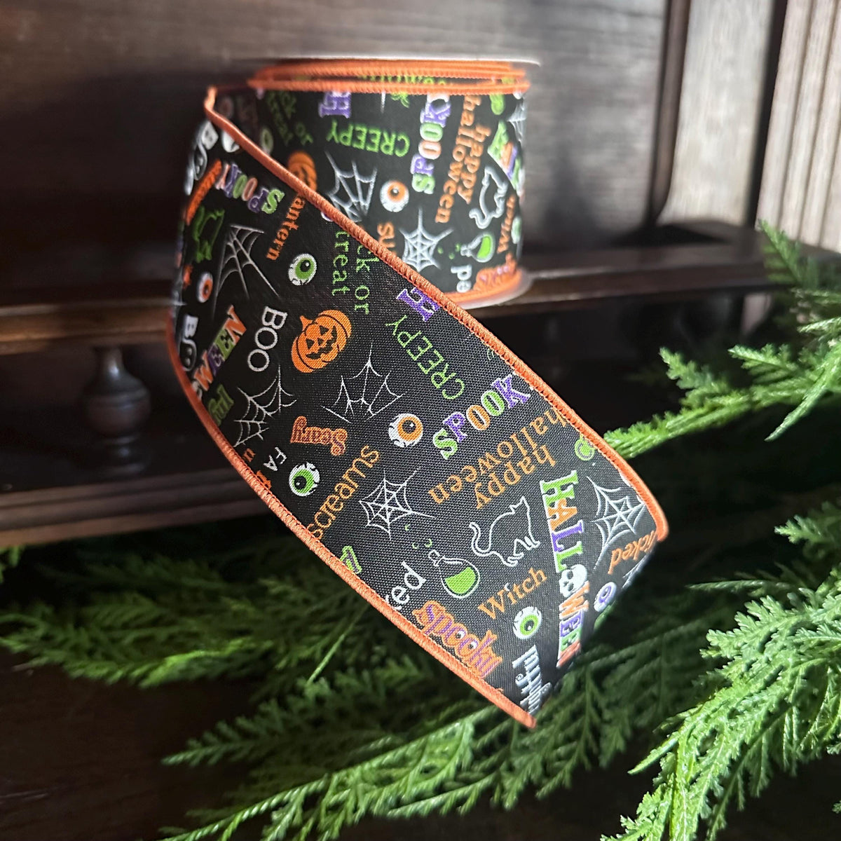Halloween Ribbon Wired Wreath Ribbon Trick or Treat Pumpkin Ghost Black Cat Ribbon for Bows