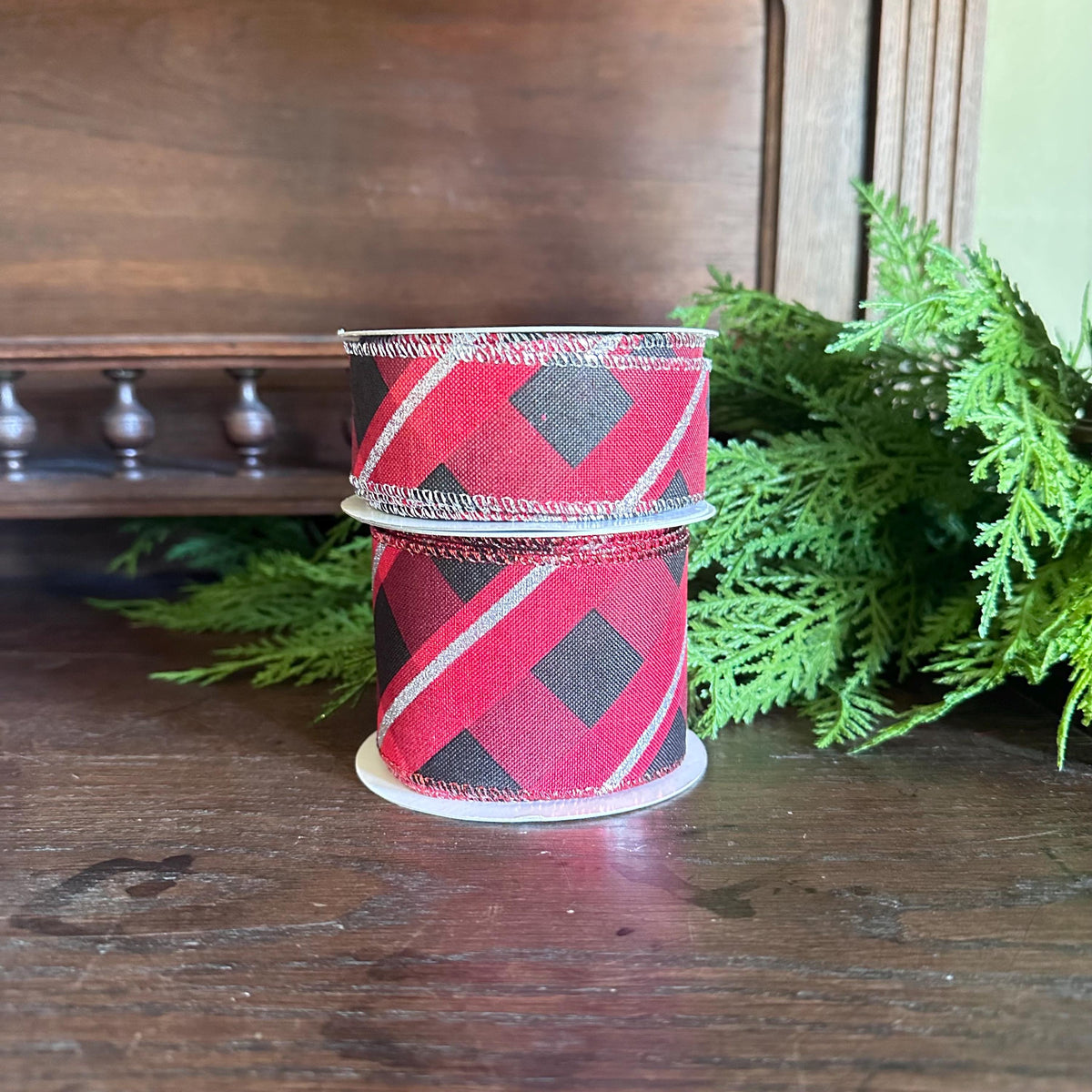 Buffalo Plaid Ribbon Metallic Trim for Christmas Wreath Bows, Gift Wrap Accent (10 Yards)