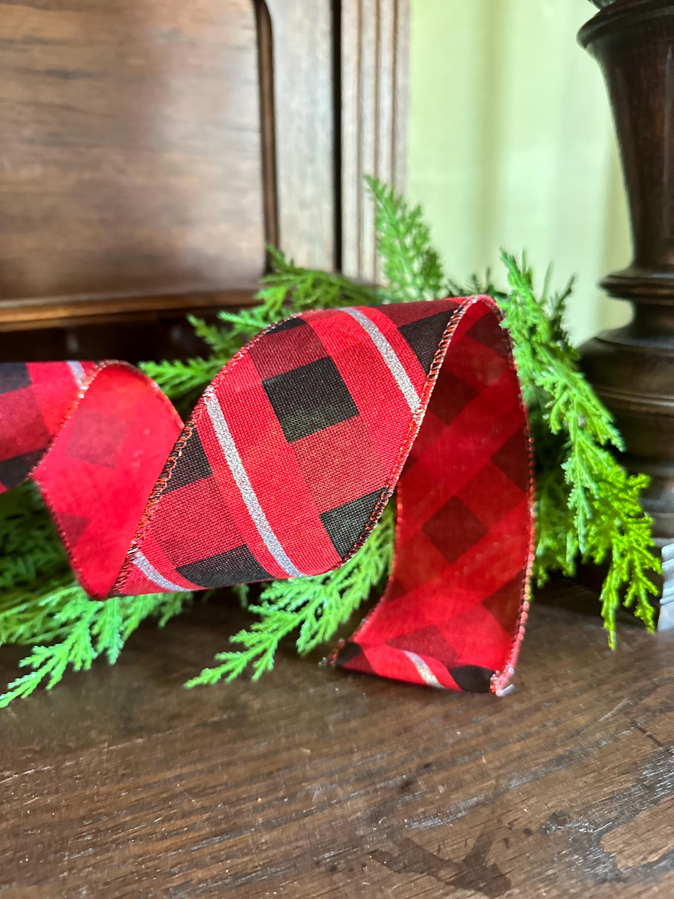 Buffalo Plaid Ribbon Metallic Trim for Christmas Wreath Bows, Gift Wrap Accent (10 Yards)