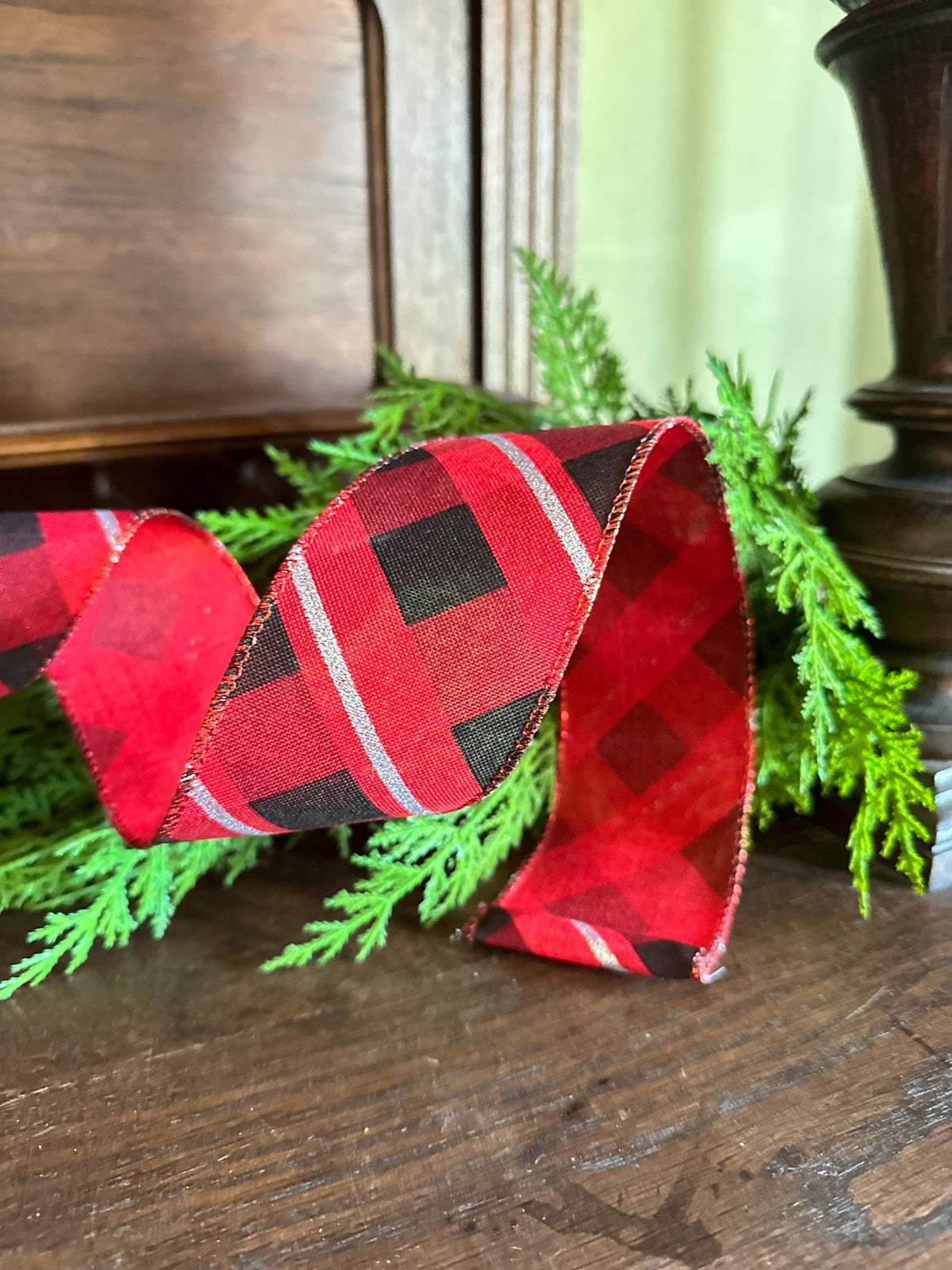 Buffalo Plaid Ribbon Metallic Trim for Christmas Wreath Bows, Gift Wrap Accent (10 Yards)