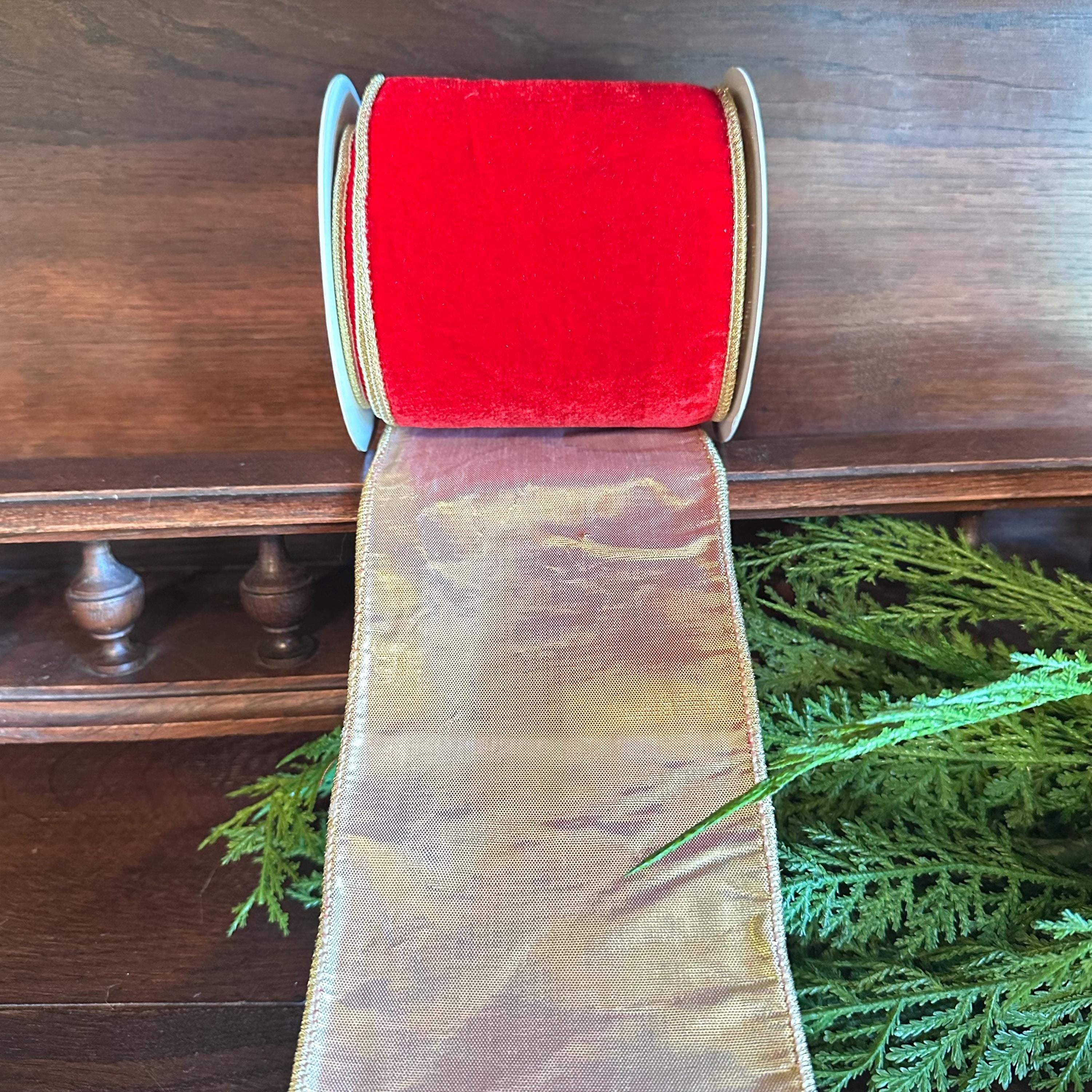 Red Velvet Christmas Ribbon Luxury Wired Ribbon with Gold Edge & Gold Backing Designer Wreath Ribbon, Wide Ribbon 4 Inch, 5 Yard Roll