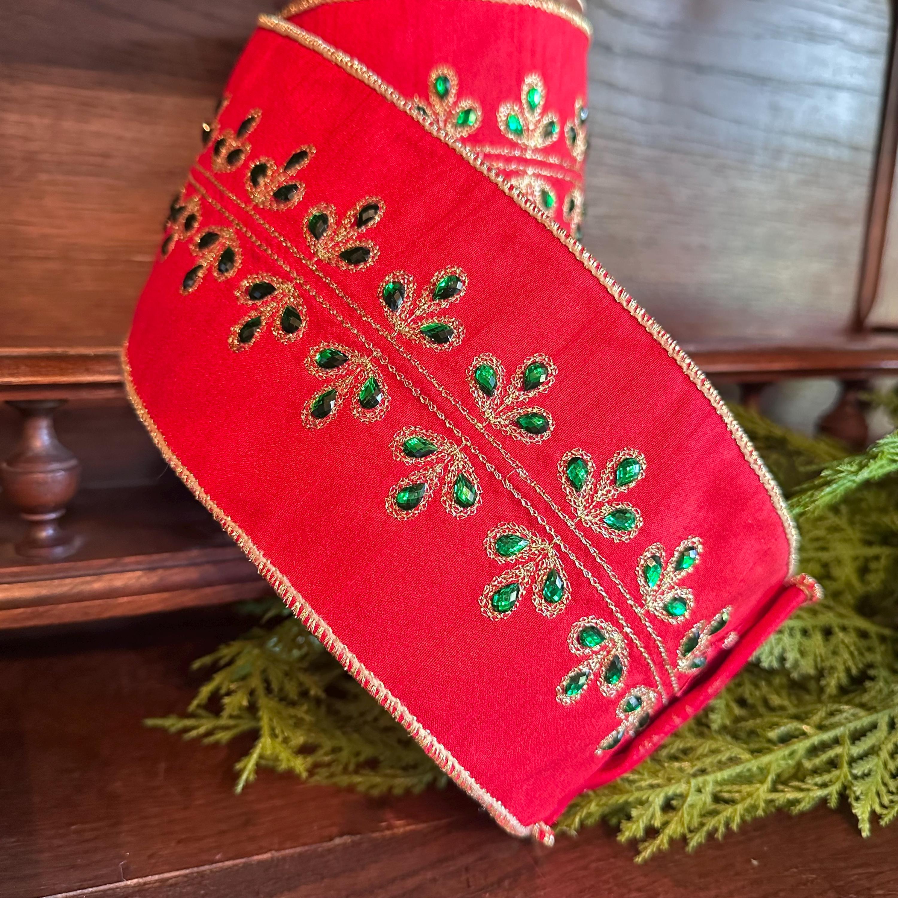 Red Dupioni Christmas Ribbon Wired Edge Ribbon Gold Embroidered Ribbon Christmas Tree Ribbon Wreath Ribbon Bow Making Holiday Decor