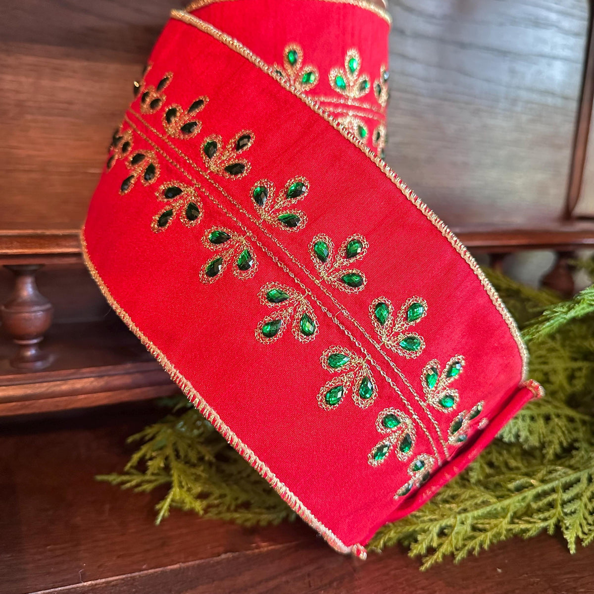 Red Dupioni Christmas Ribbon with Gold Embroidery & Emerald Accents