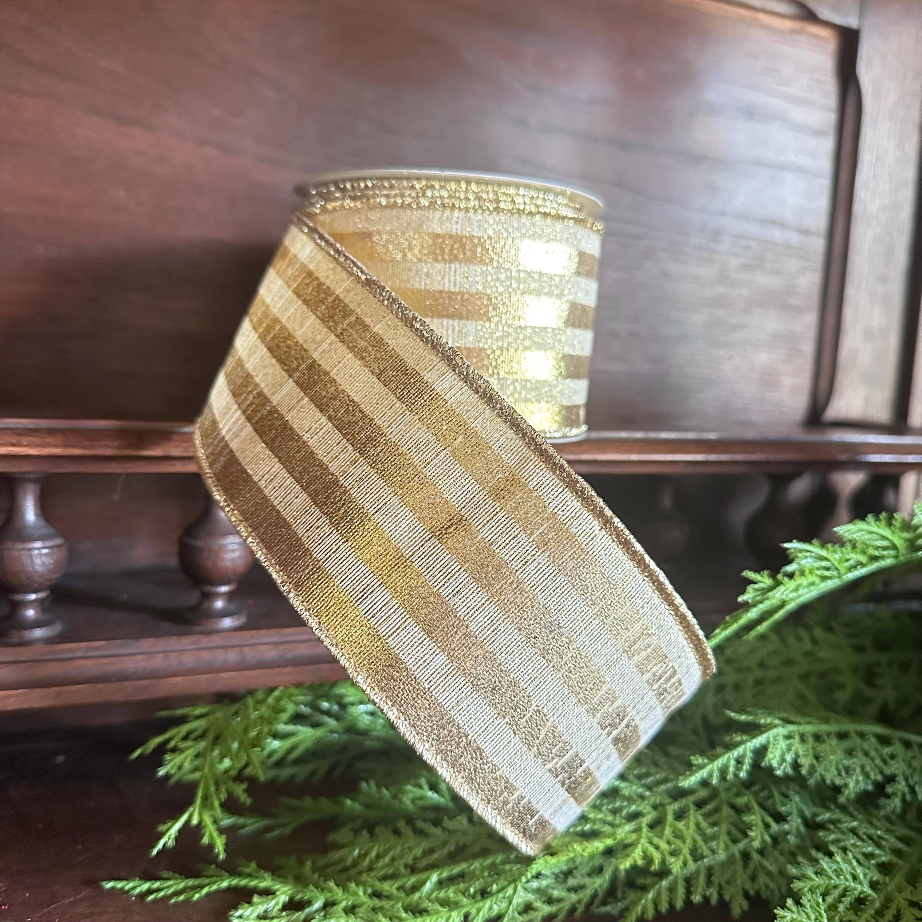 Gold Christmas Ribbon Wired Ribbon Christmas Tree Ribbon Wreath Ribbon Metallic Stripe Bow Making