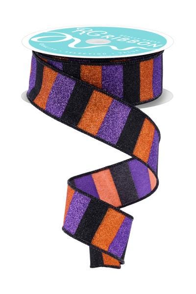 Sparkly Halloween Ribbon Wide Design Black Orange Purple Stripes Premium Wired Edge Material Craft Supply Collection Wreath Making Essential Party Accent Bow Creation Project Holiday Theme Decorative Trim Festive Supply Set
