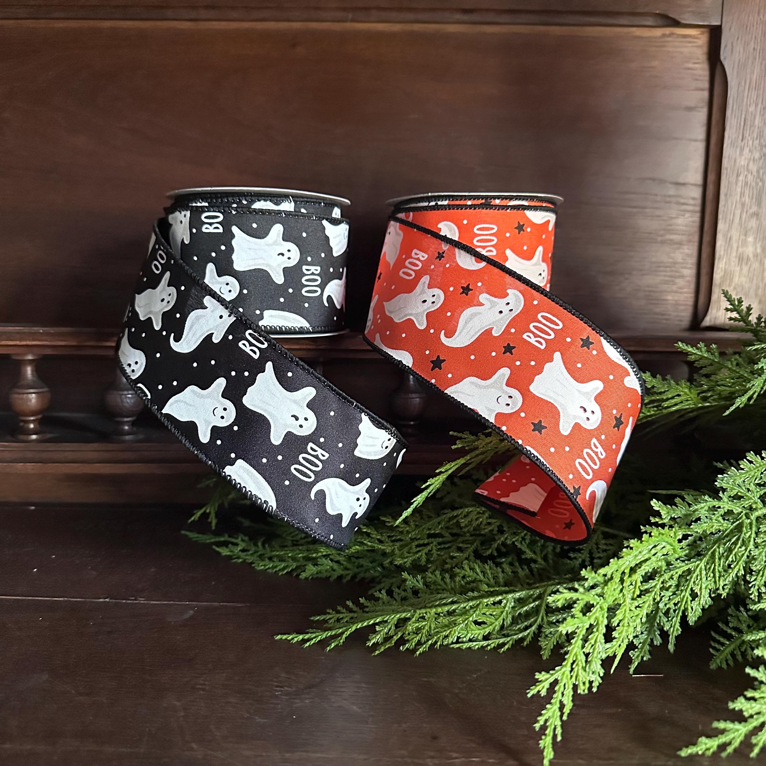 Halloween Wired Ribbon Black Background Ghost Pattern Craft Supply Ten Yard Roll Two Point Five Inch Width Shape Holding Edges Wreath Making Essential Door Hanging Accent Spooky Style Design Haunted House Project Supply Beautiful
