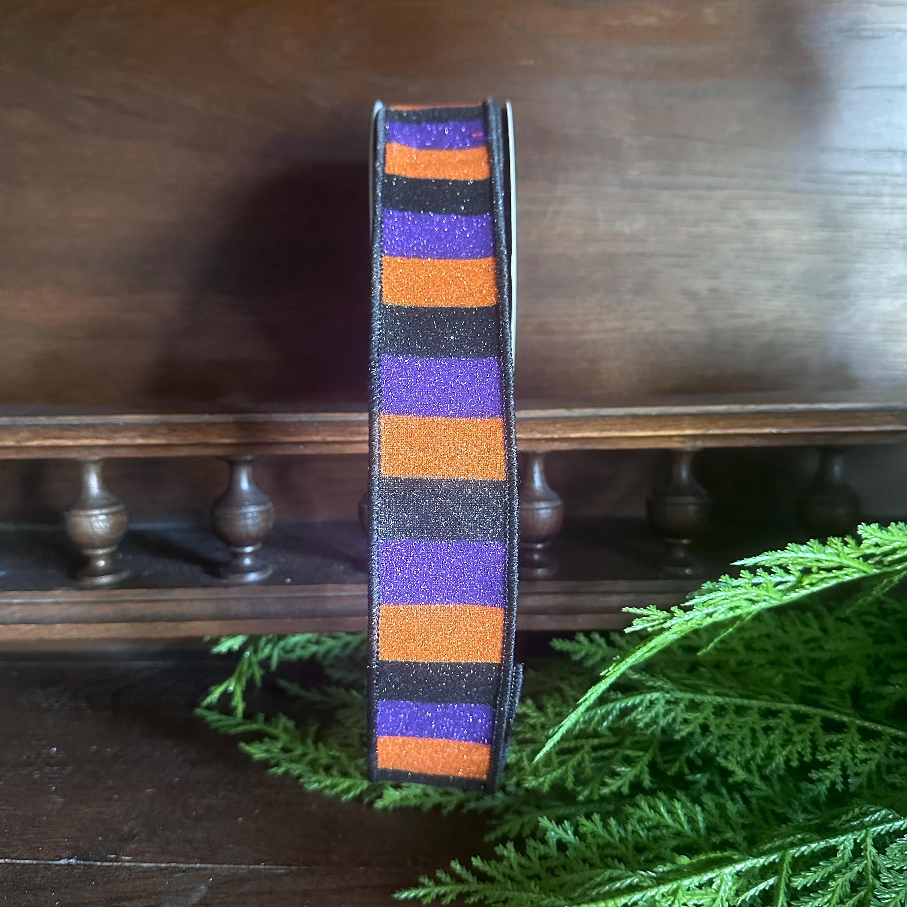 Halloween Glitter Stripe Wired Ribbon | Purple Orange Black Ribbon for Wreaths, Bows & Halloween Decor