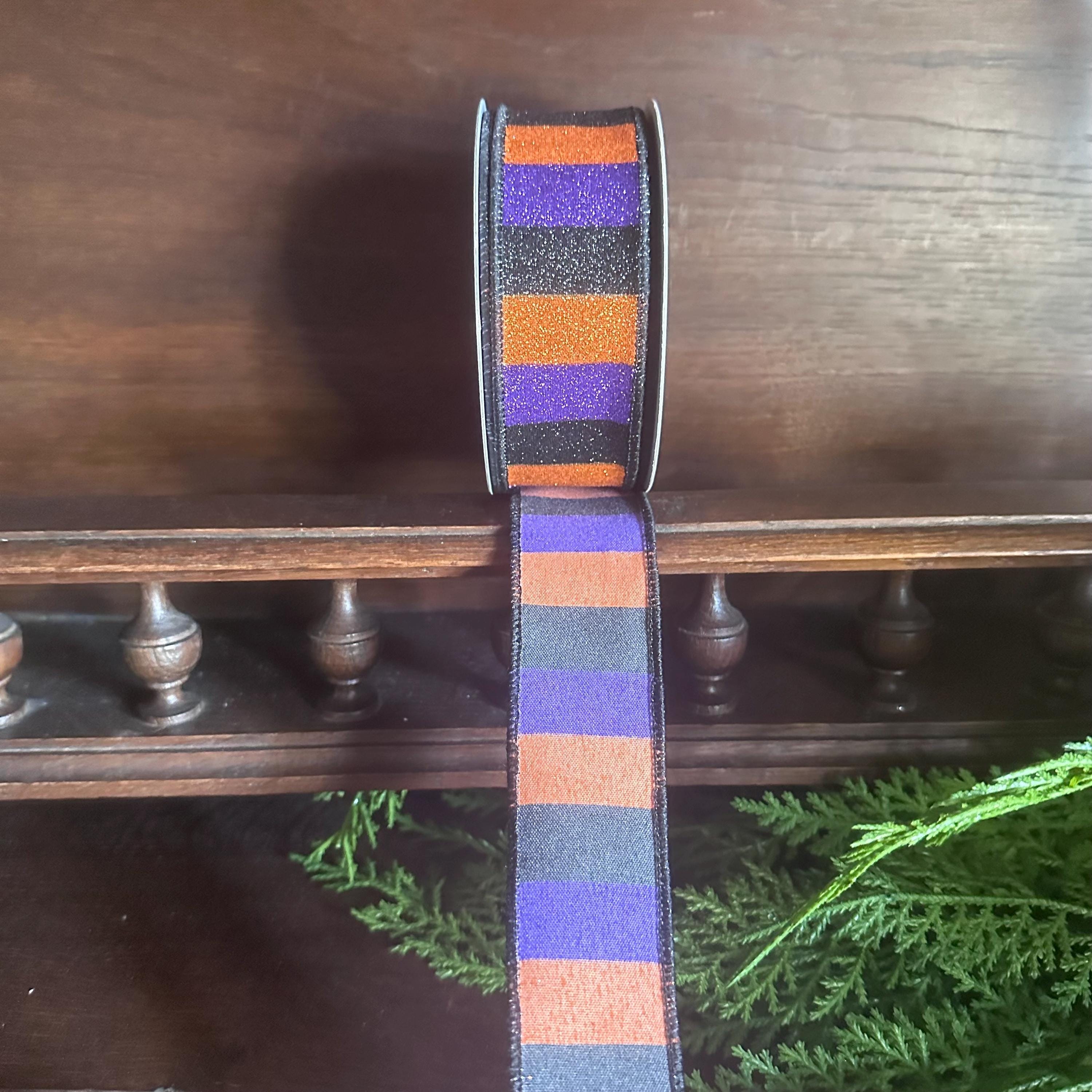 Halloween Glitter Stripe Wired Ribbon | Purple Orange Black Ribbon for Wreaths, Bows & Halloween Decor