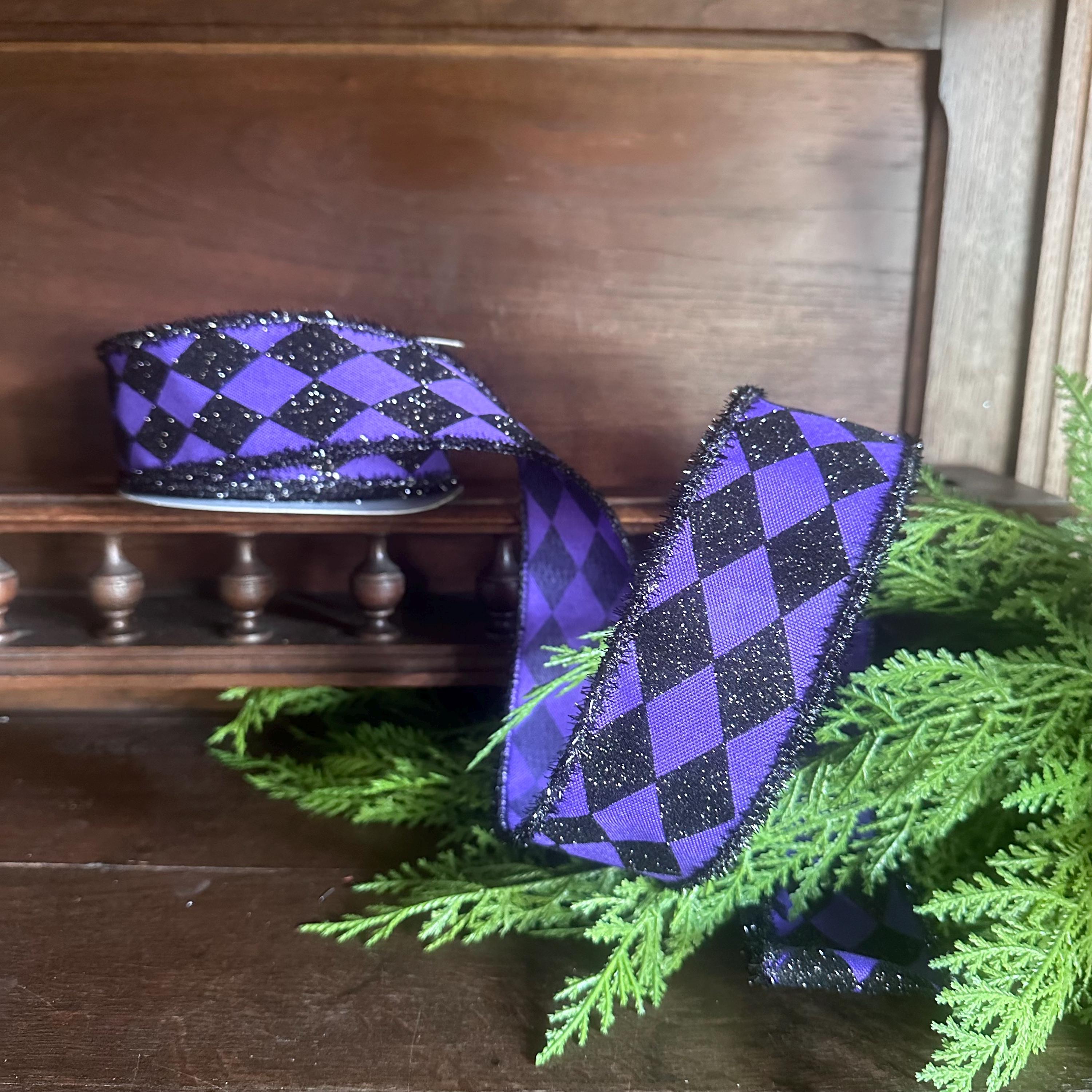 Harlequin Ribbon Purple Black Glitter Wired Edge Ribbon Halloween Decor Mardi Gras Ribbon Wreath Bow Ribbon 10 Yard Roll