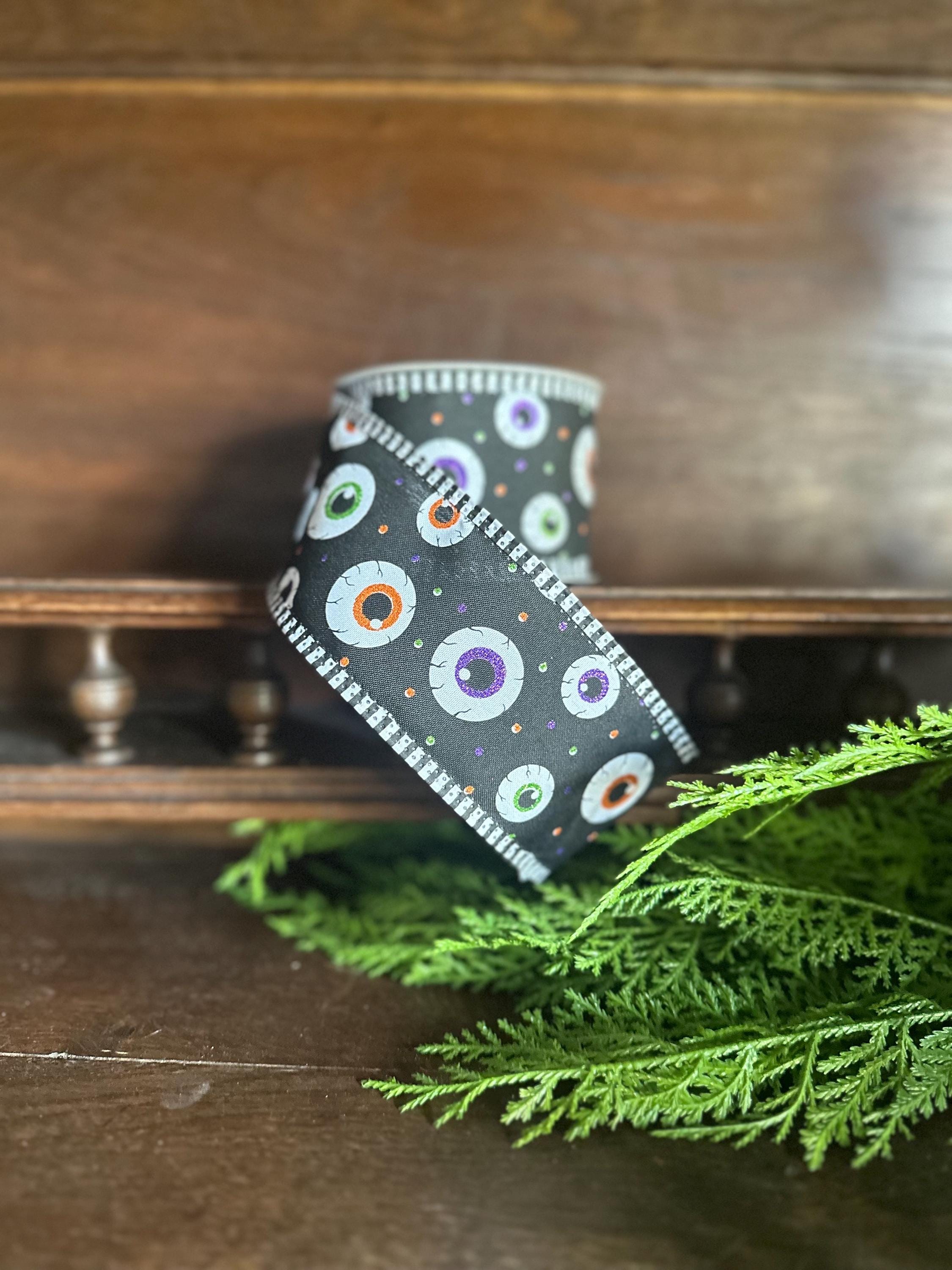 Halloween Eyeball Wired Ribbon – Spooky Black Ribbon