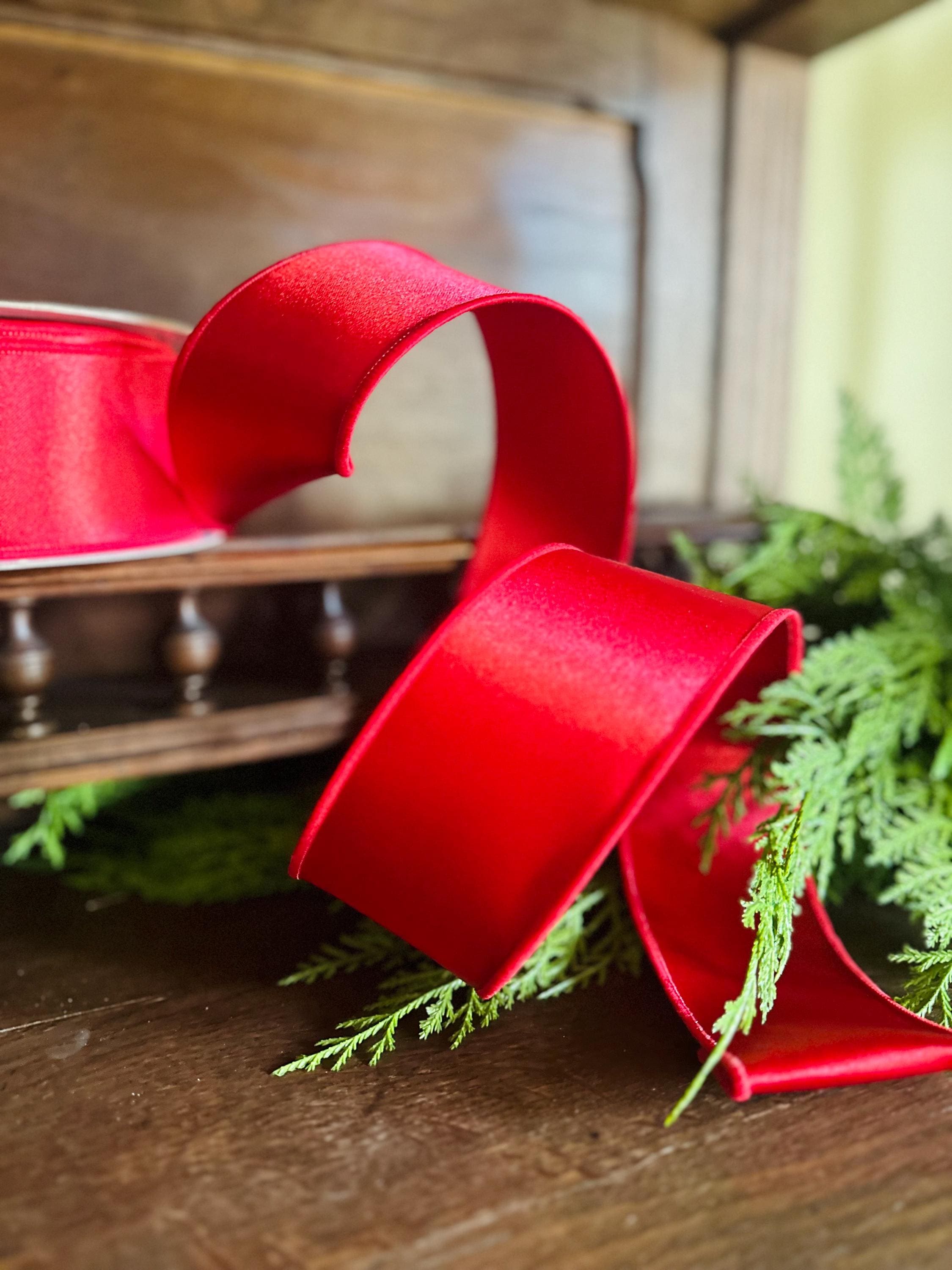Luxury Red Satin Wired Ribbon – Designer Ribbon for Wreaths, Bows & Holiday Decor
