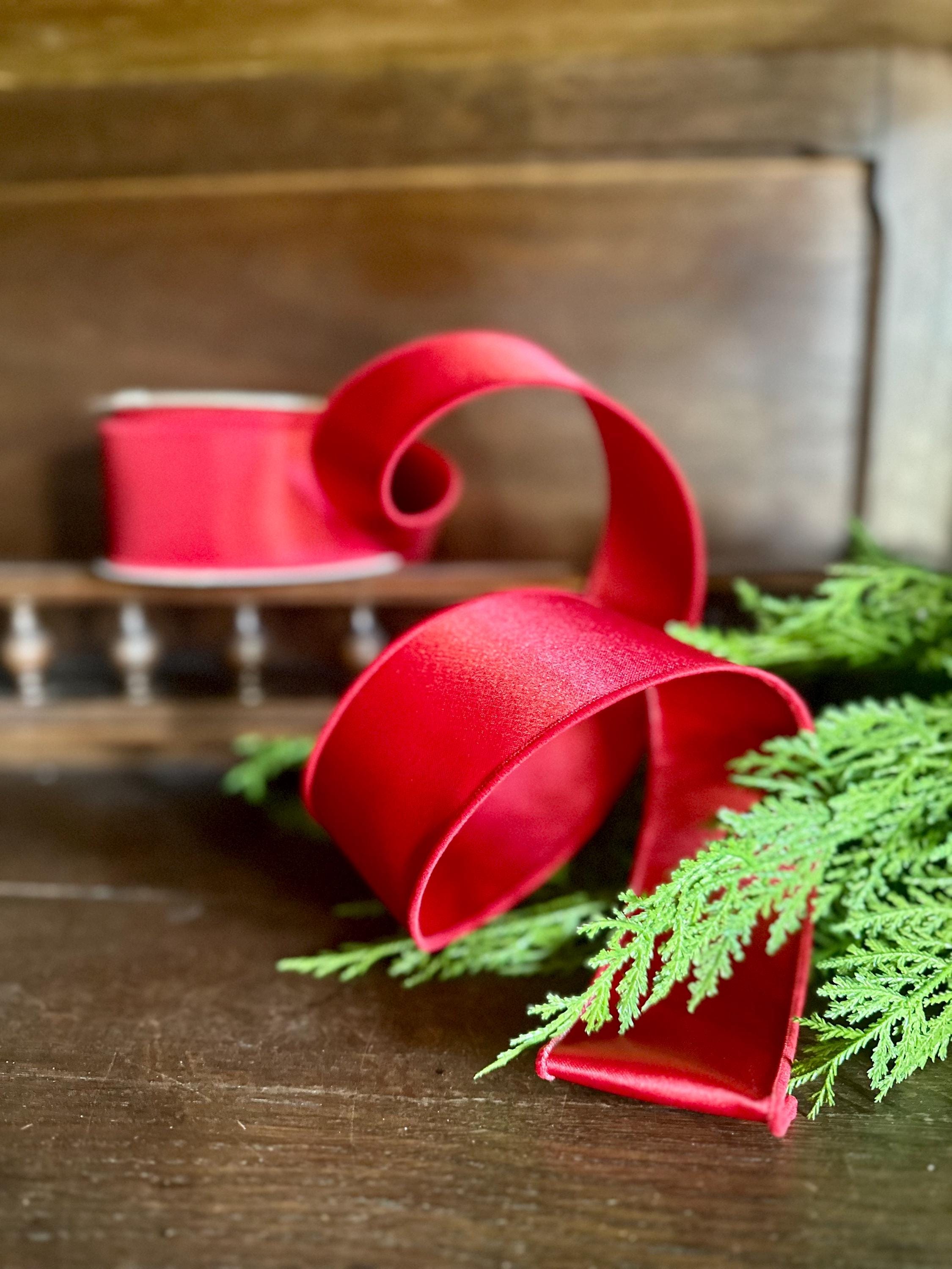 Luxury Red Satin Wired Ribbon – Designer Ribbon for Wreaths, Bows & Holiday Decor