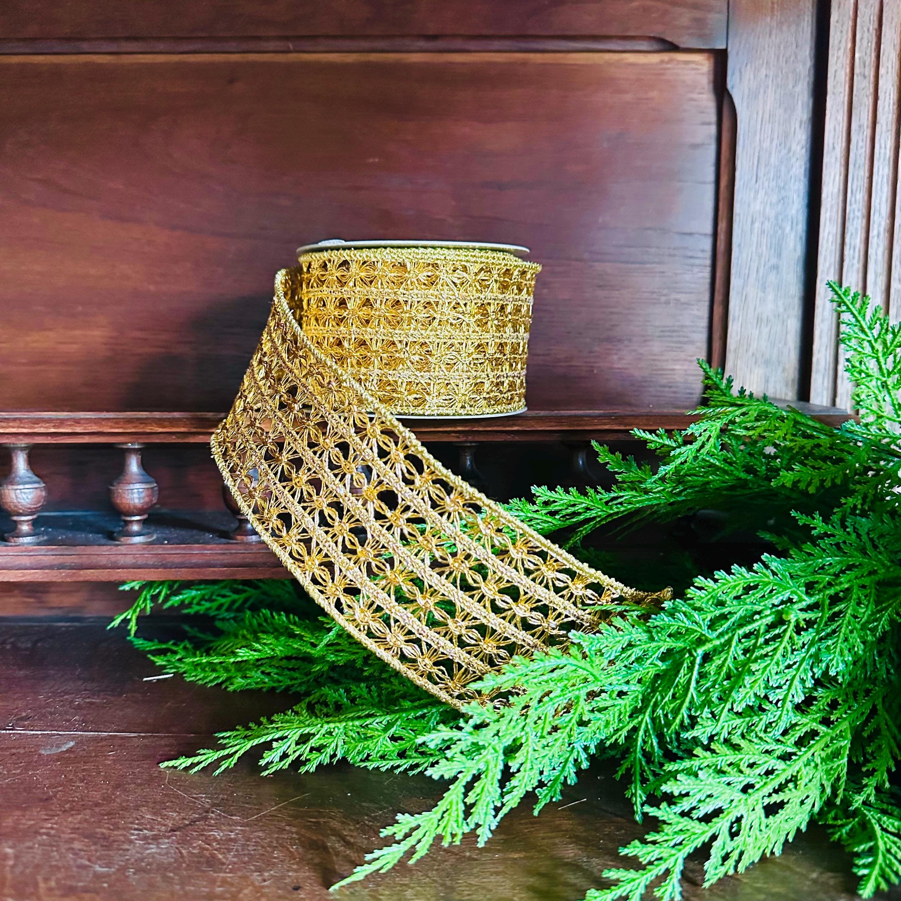 Gold Ribbon Christmas Ribbon for Wreaths Crochet Designer Ribbon Tree Ribbon Holiday Decor, Fall Ribbon, Craft Supply