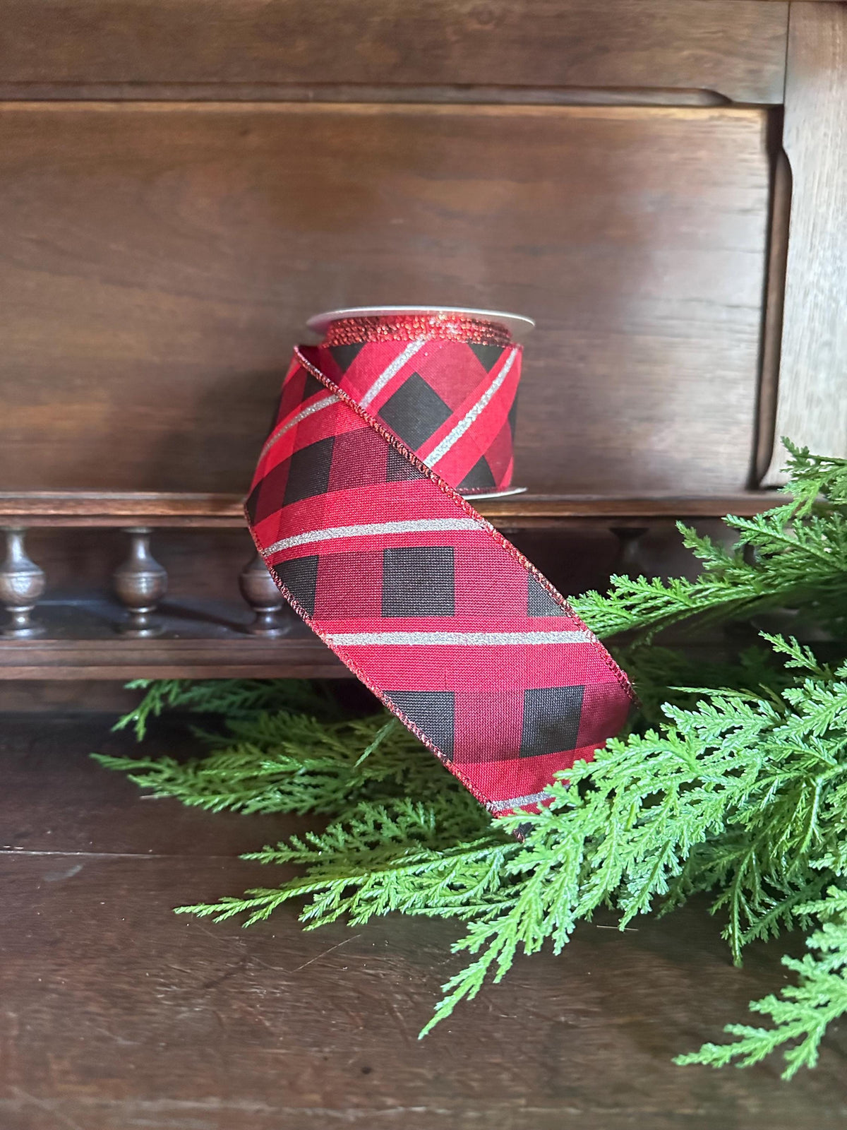 Buffalo Plaid Ribbon Metallic Trim for Christmas Wreath Bows, Gift Wrap Accent (10 Yards)