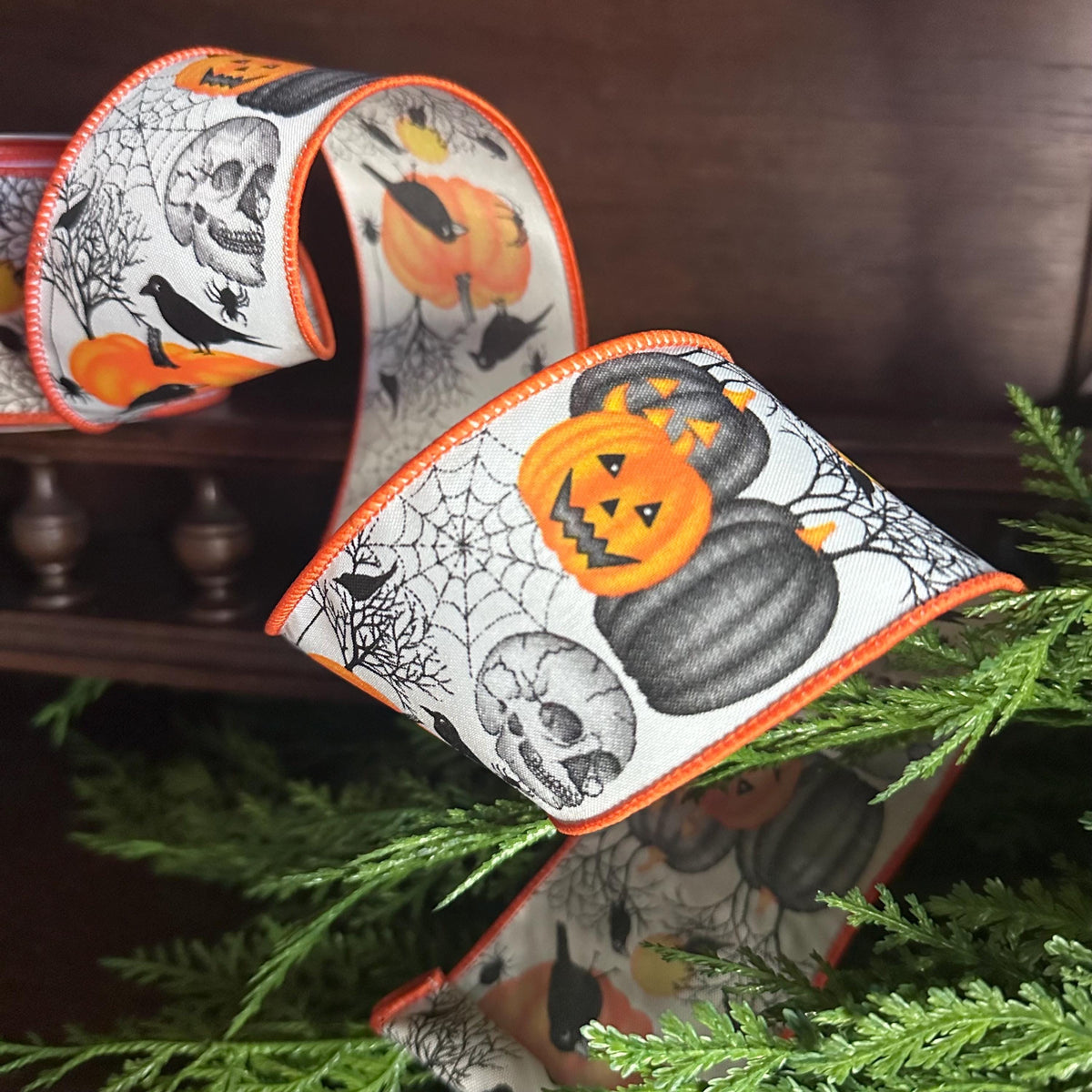 Halloween Ribbon | Pumpkin Crow Skull Spider Web Wired Ribbon