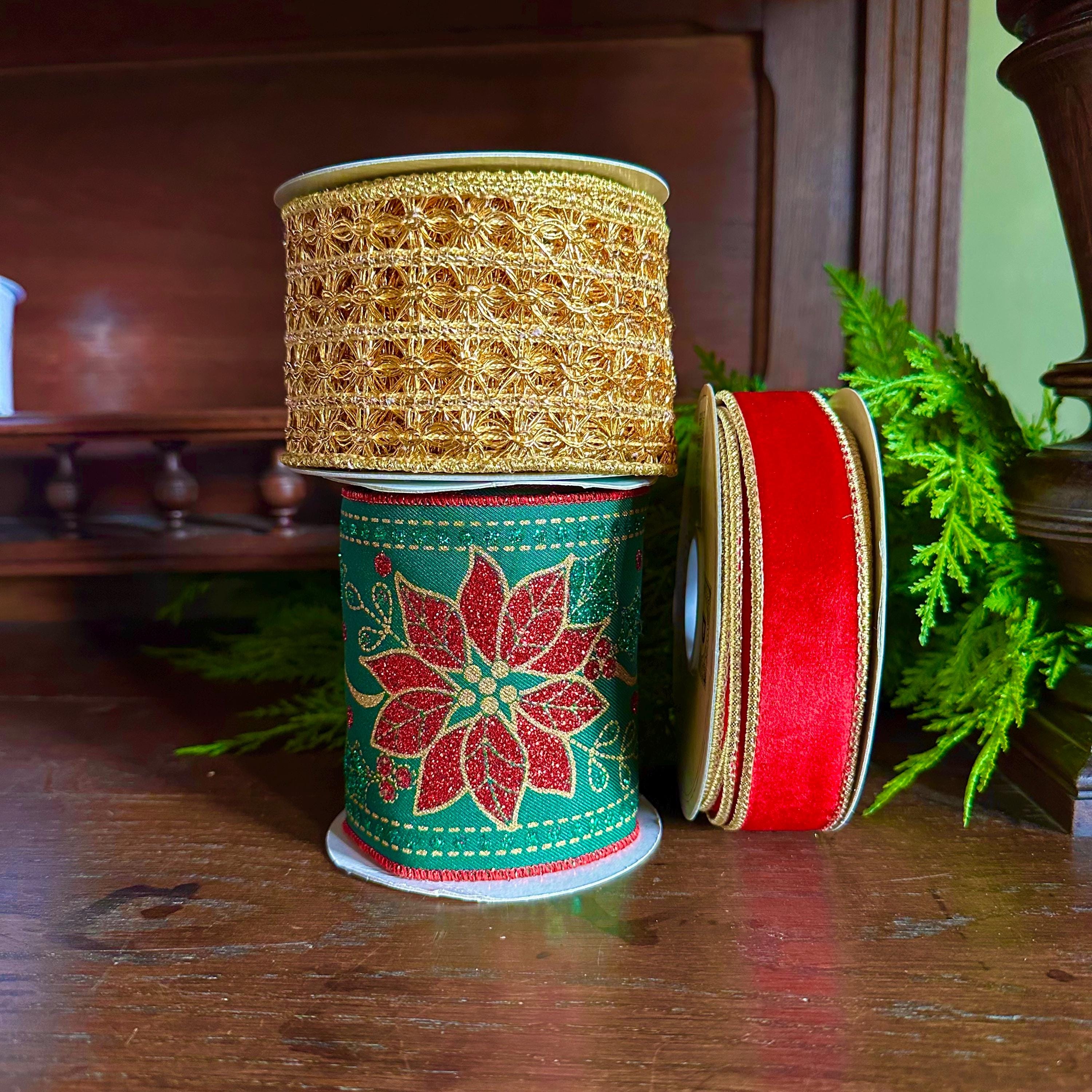 Christmas Ribbon, Glitter Poinsettia Wired Ribbon, Holiday Ribbon for Wreaths, Christmas Tree Ribbon, Gift Wrapping, Red Ribbon