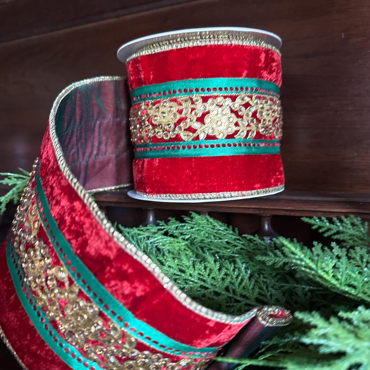 Red Velvet Christmas Ribbon with Gold Floral Design Green Trim Luxury Wired Ribbon