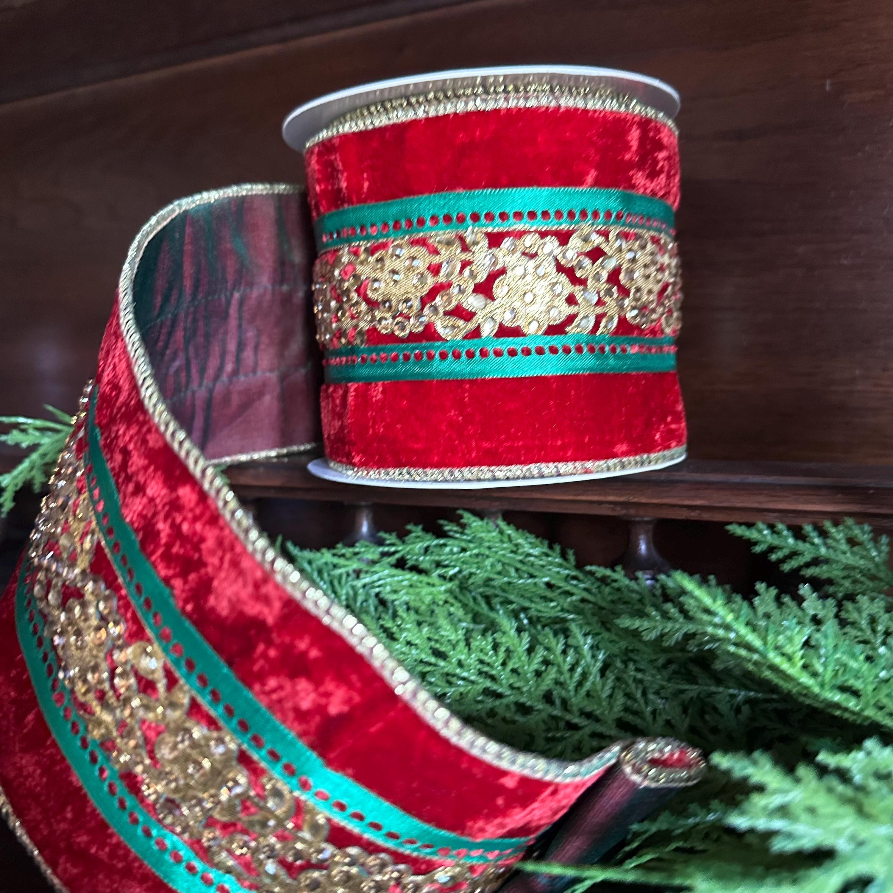 4 Inch Red Green Gold Velvet Christmas Ribbon Wired Ribbon