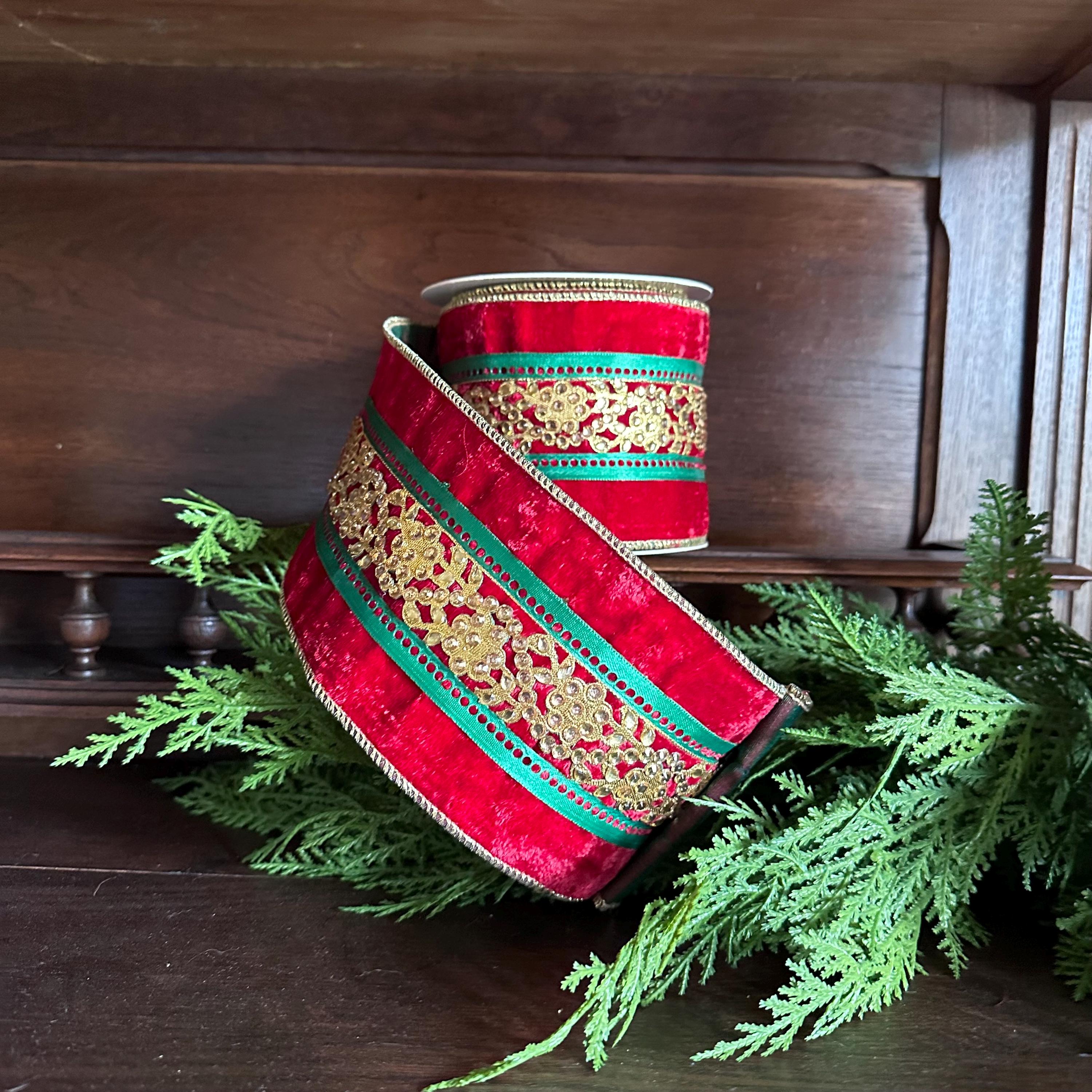 4 Inch Red Green Gold Velvet Christmas Ribbon Wired Ribbon