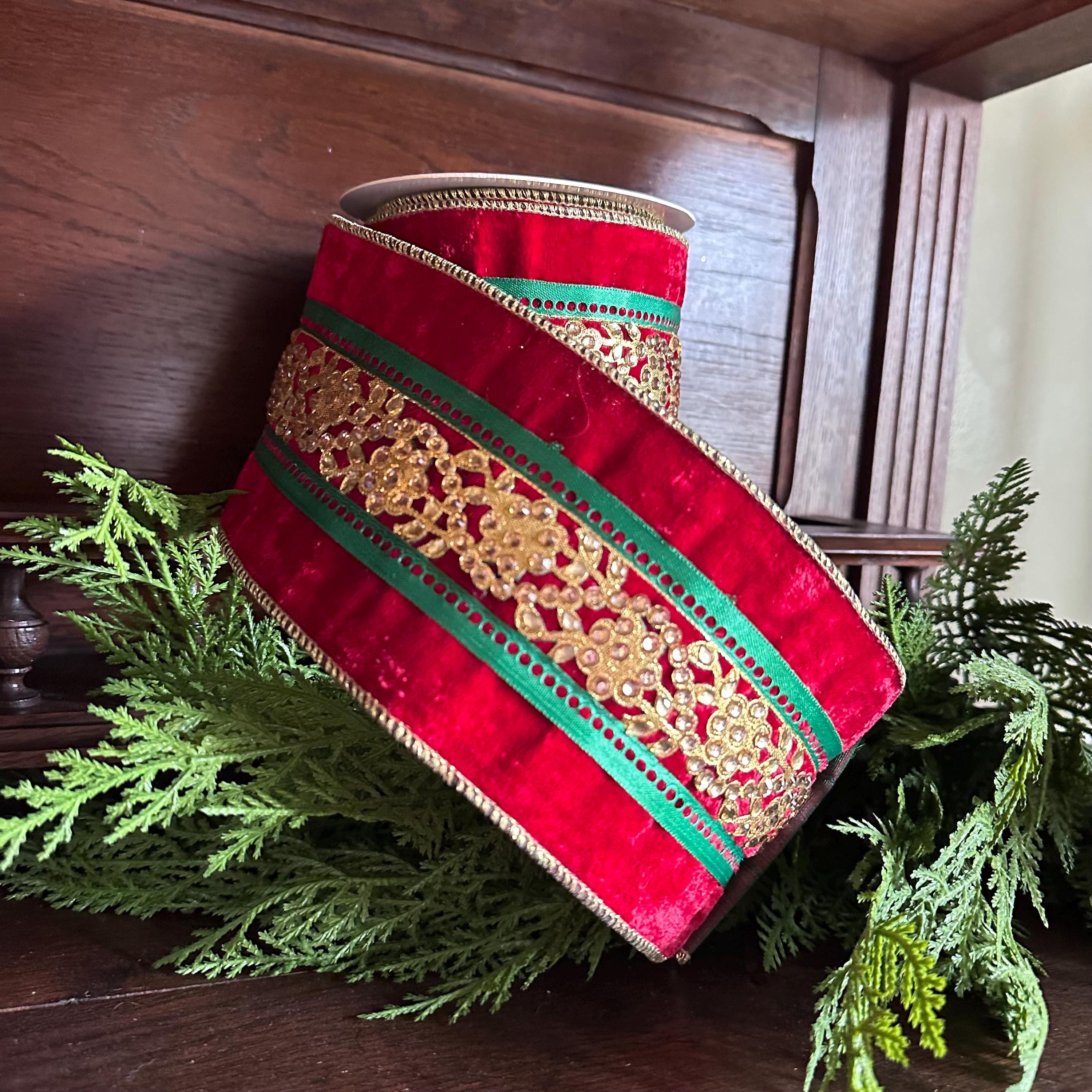 4 Inch Red Green Gold Velvet Christmas Ribbon Wired Ribbon