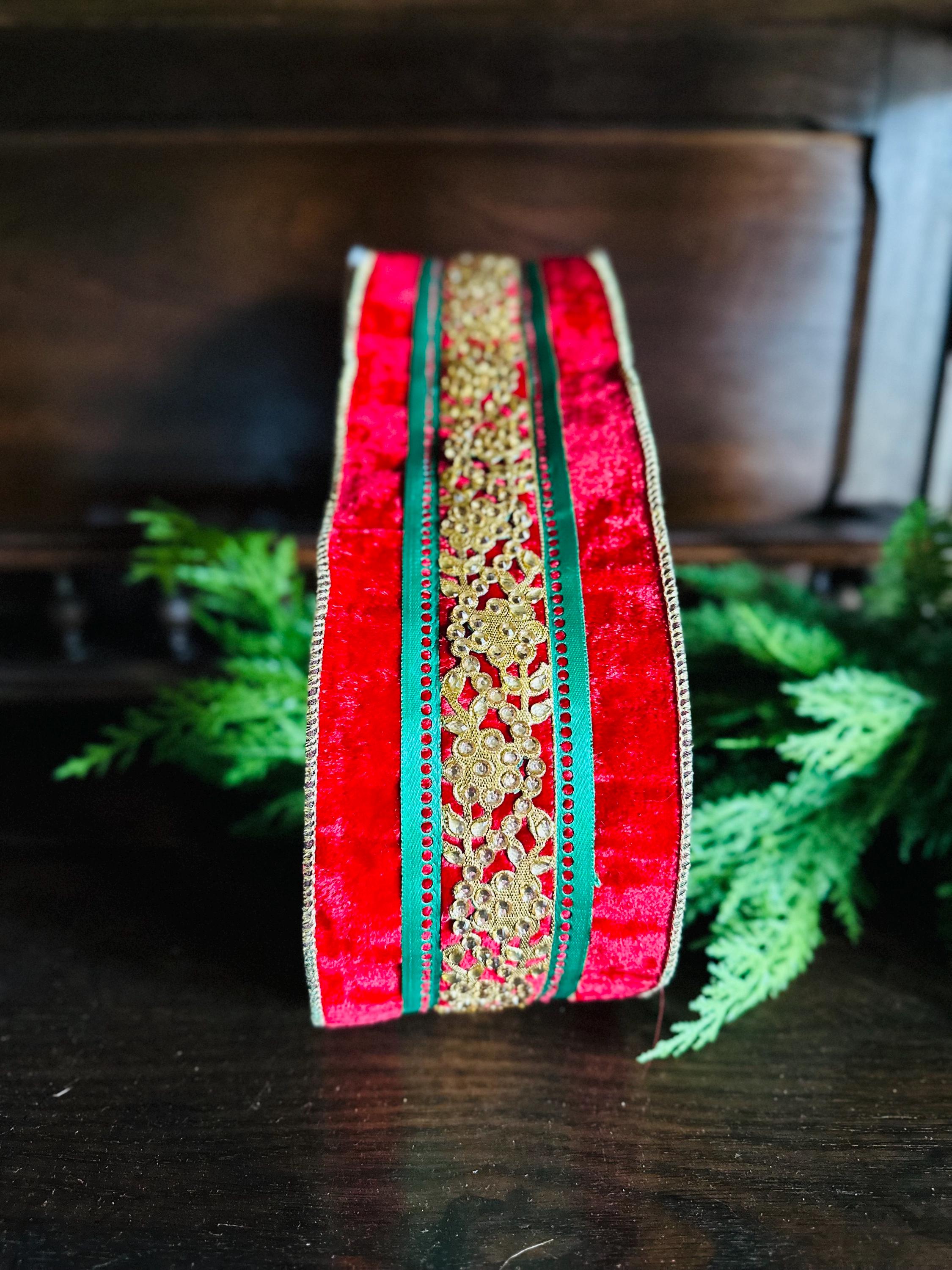 4 Inch Red Green Gold Velvet Christmas Ribbon Wired Ribbon