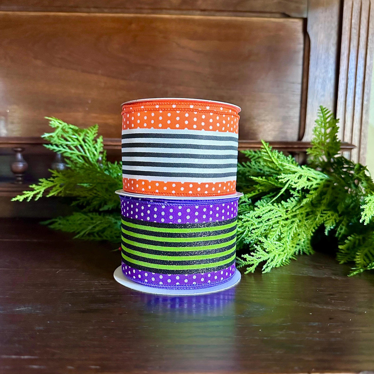 Halloween Ribbon Purple Green Black Stripe Wired Ribbon | Wreath & Bow Making Ribbon