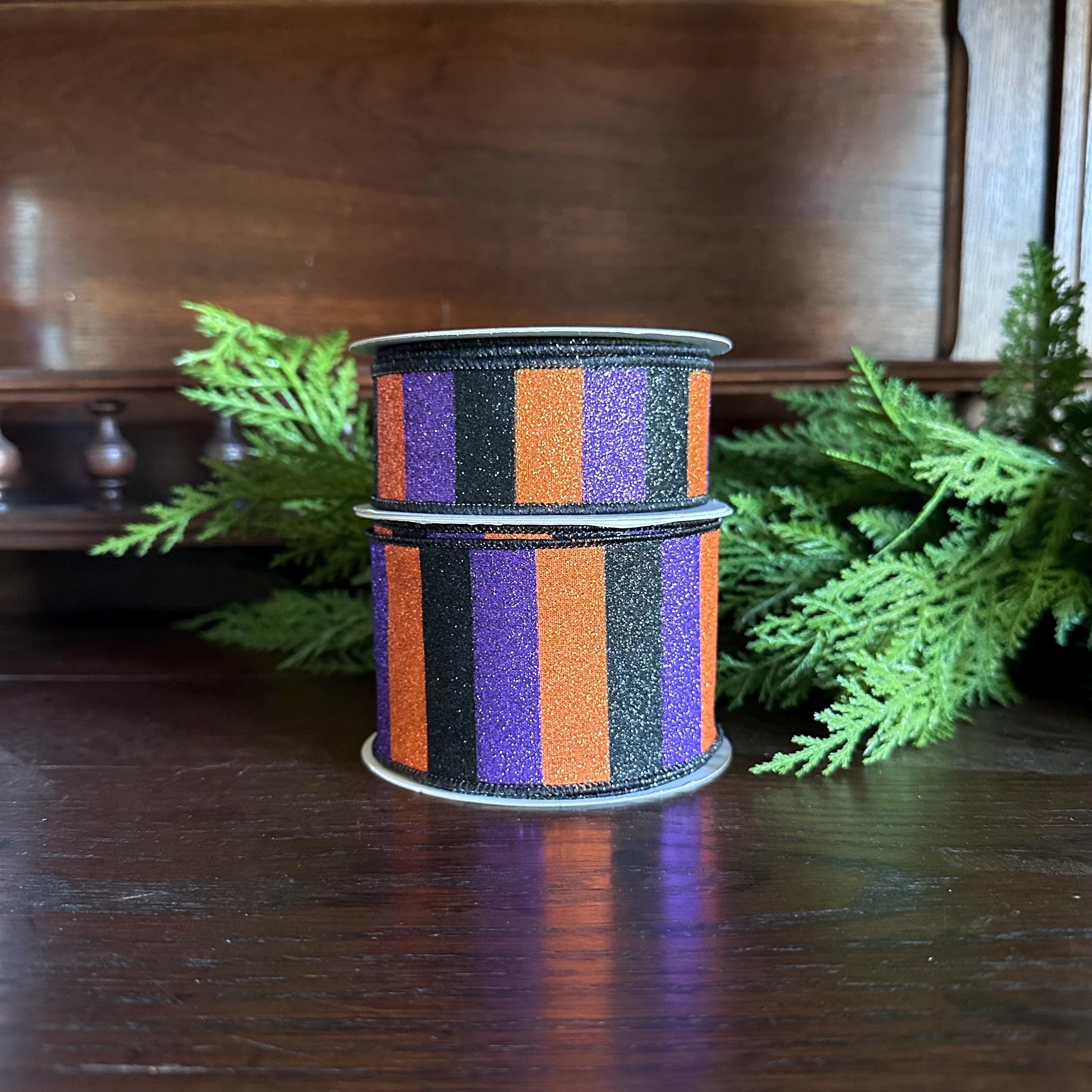 Halloween Glitter Stripe Wired Ribbon | Purple Orange Black Ribbon for Wreaths, Bows & Halloween Decor
