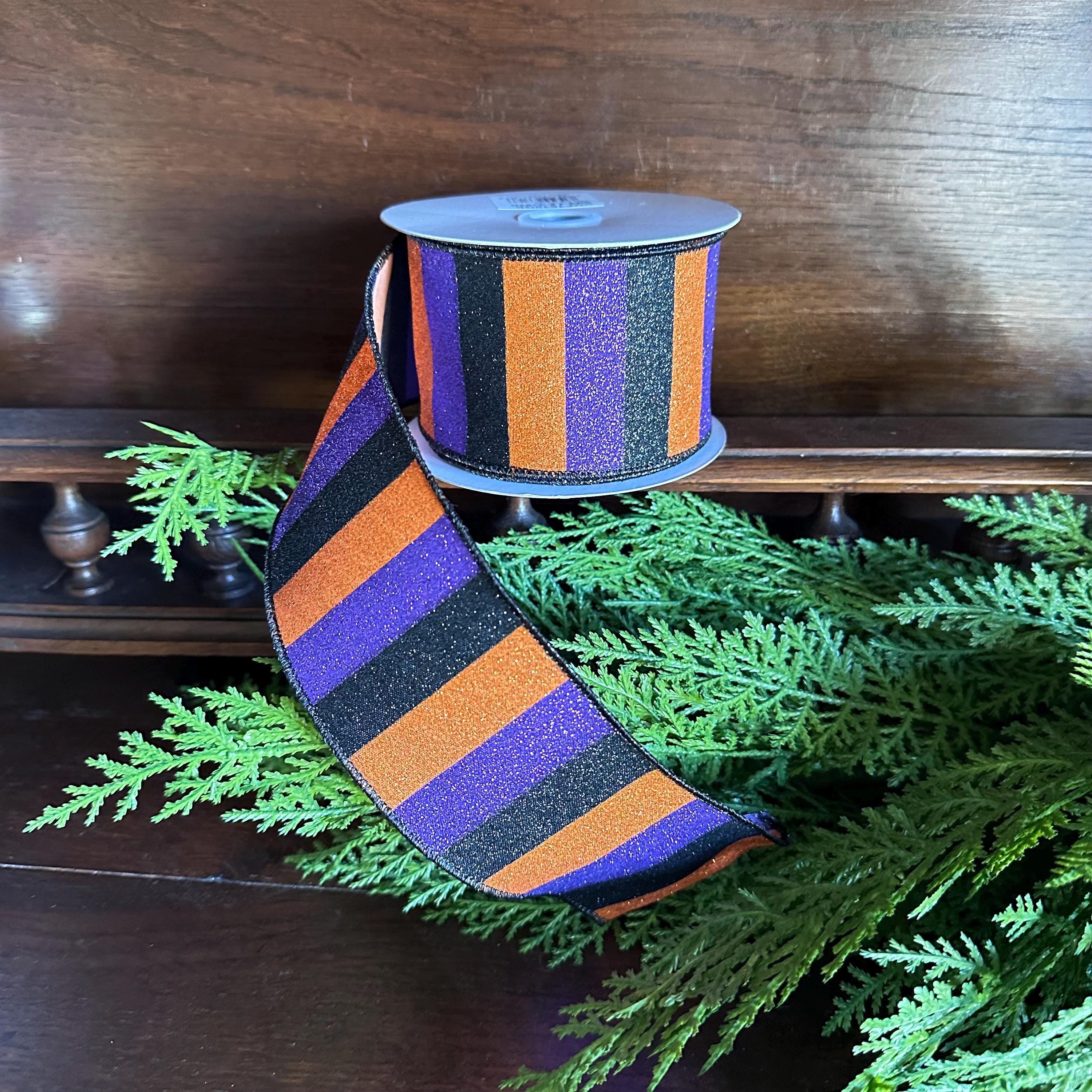 Halloween Glitter Stripe Wired Ribbon | Purple Orange Black Ribbon for Wreaths, Bows & Halloween Decor