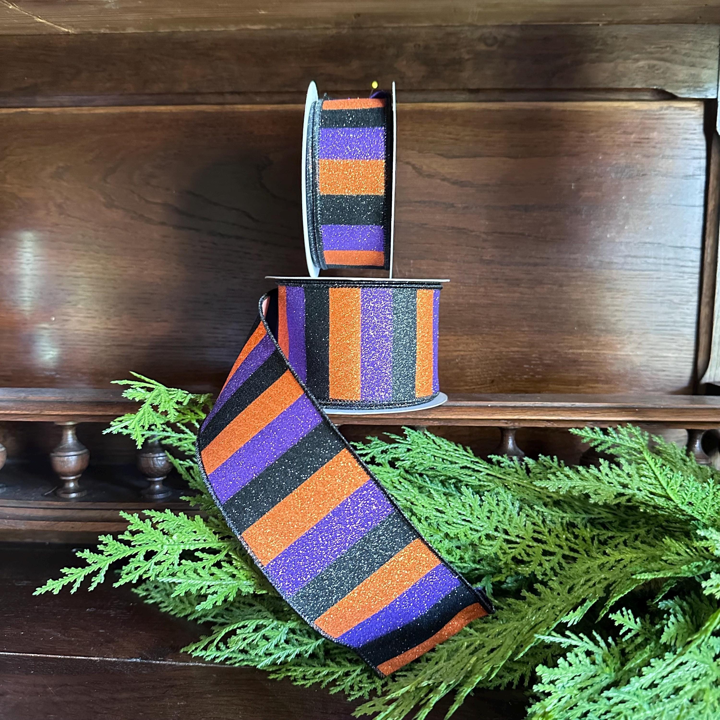 Halloween Glitter Stripe Wired Ribbon | Purple Orange Black Ribbon for Wreaths, Bows & Halloween Decor