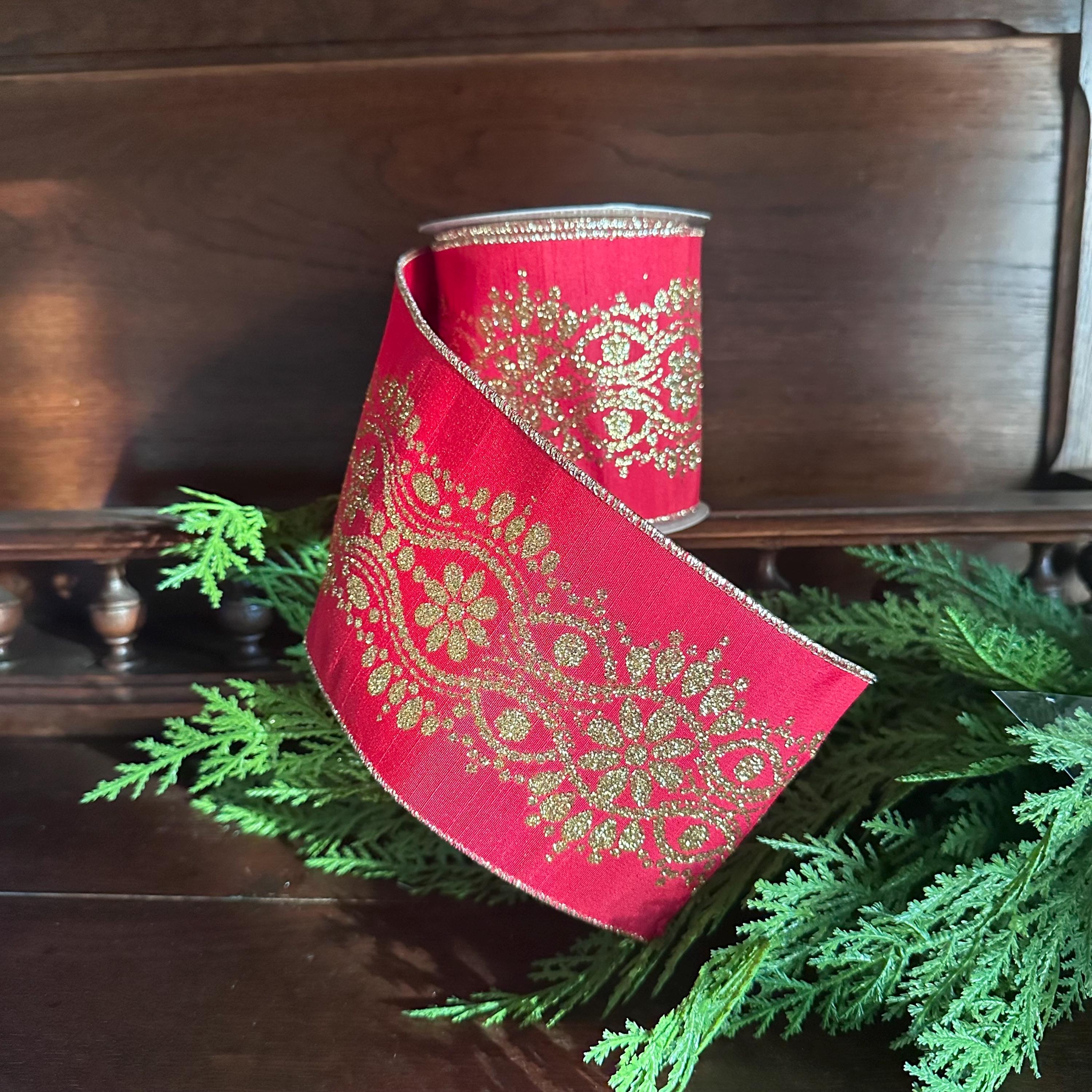 Christmas Wired Ribbon, Red Gold Ribbon, Holiday Ribbon, Designer Ribbon Luxury Ribbon Wreath Ribbon Bow Making Ribbon Wide Ribbon