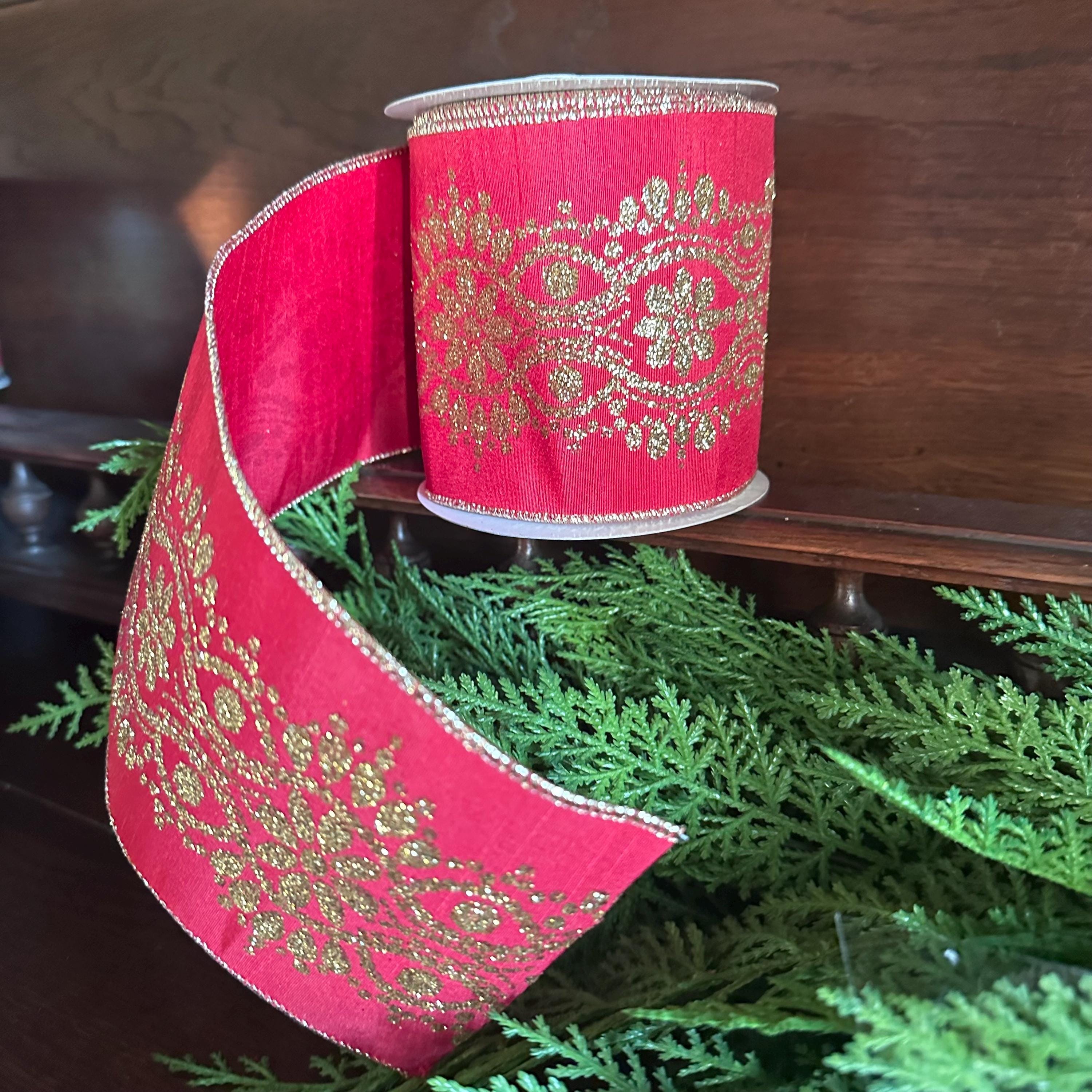 Christmas Wired Ribbon, Red Gold Ribbon, Holiday Ribbon, Designer Ribbon Luxury Ribbon Wreath Ribbon Bow Making Ribbon Wide Ribbon