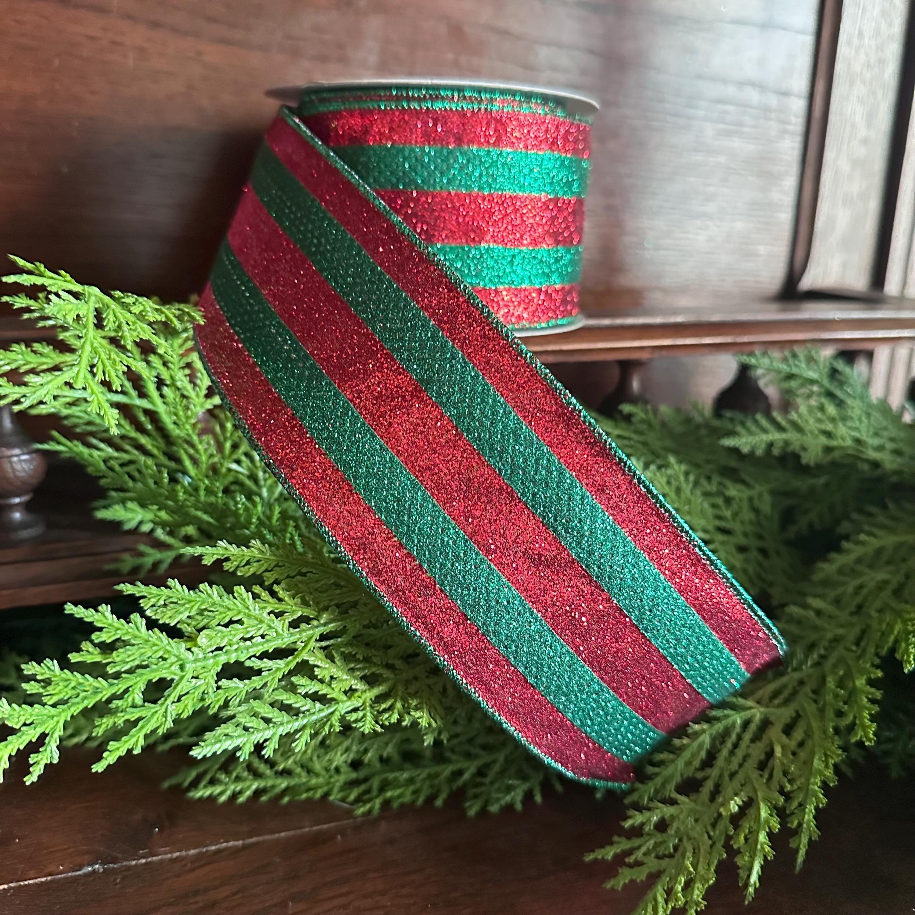 Red and Green Glitter Ribbon Christmas Ribbon Wired Edge Ribbon Wreath Supply Bow Making Ribbon Holiday Decor