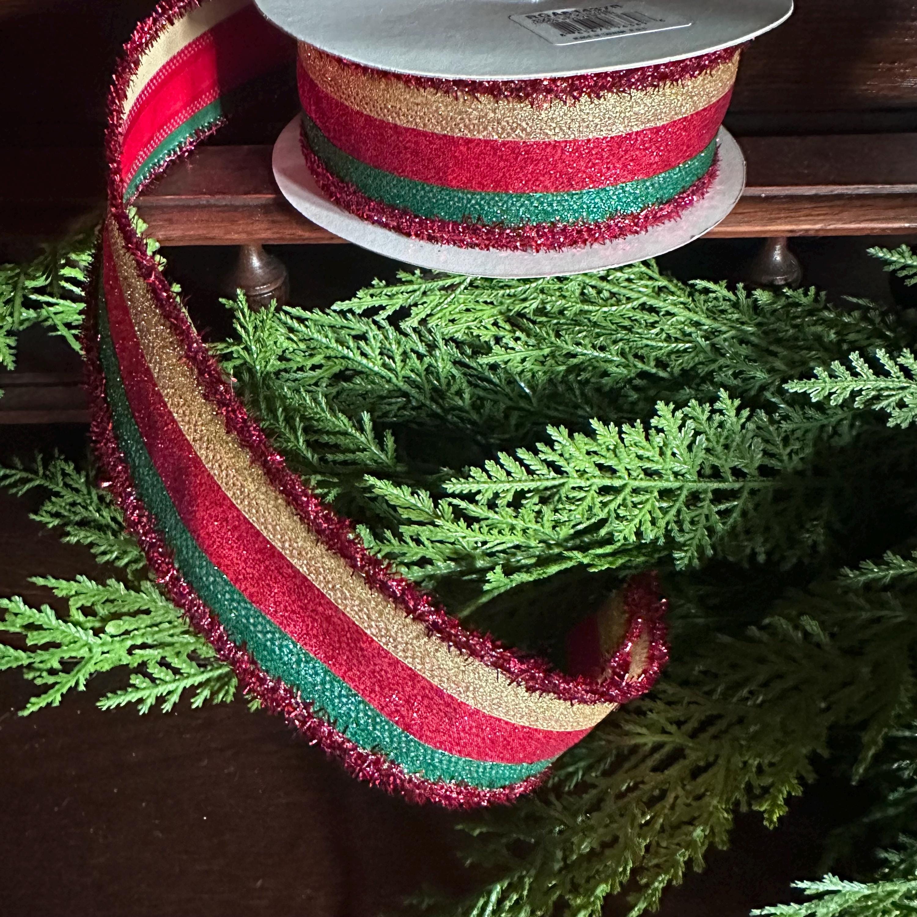 Christmas Wired Ribbon, Red Green Glitter Stripe Ribbon, Holiday Ribbon, Bow Making Ribbon, Designer Ribbon, Christmas Decor