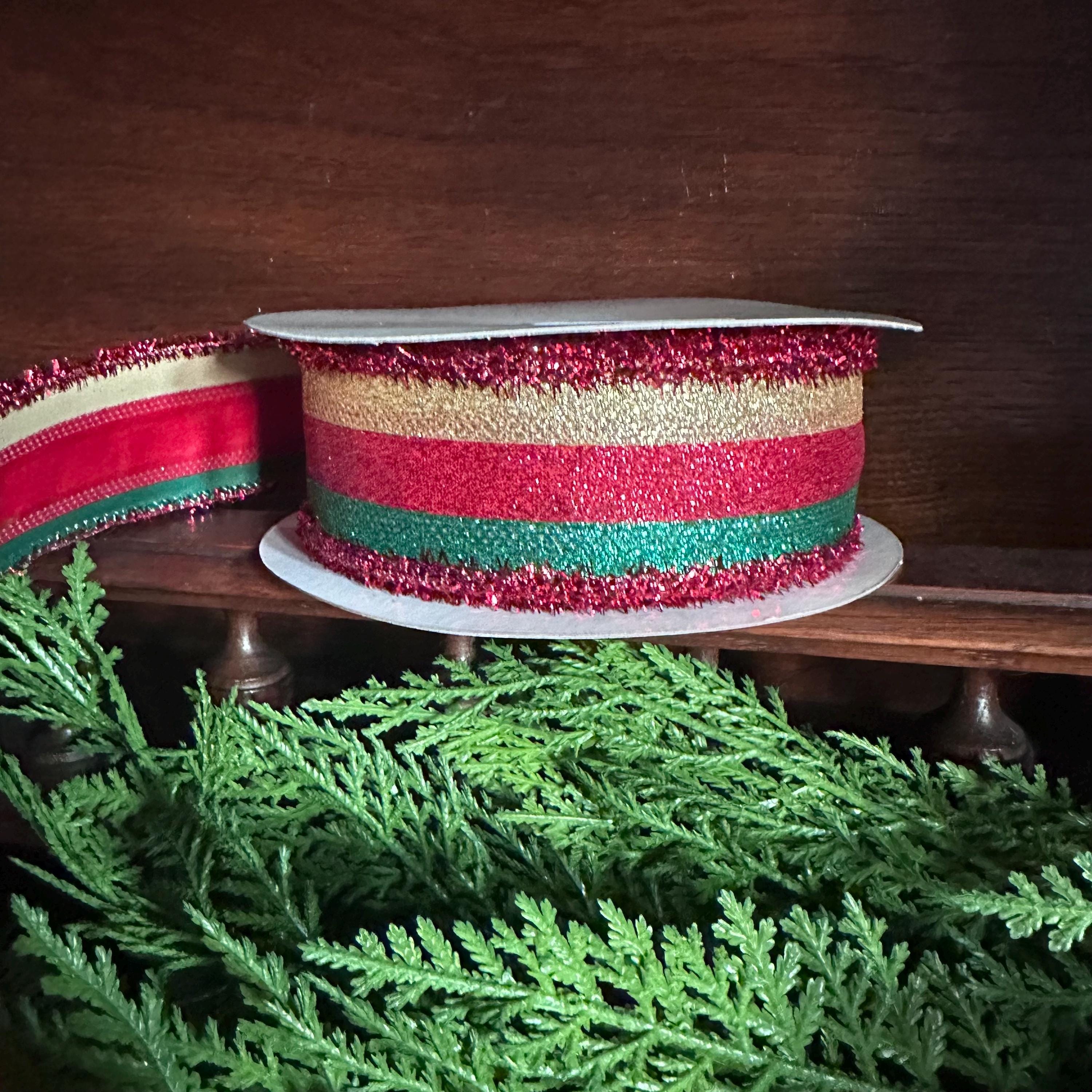 Christmas Wired Ribbon, Red Green Glitter Stripe Ribbon, Holiday Ribbon, Bow Making Ribbon, Designer Ribbon, Christmas Decor