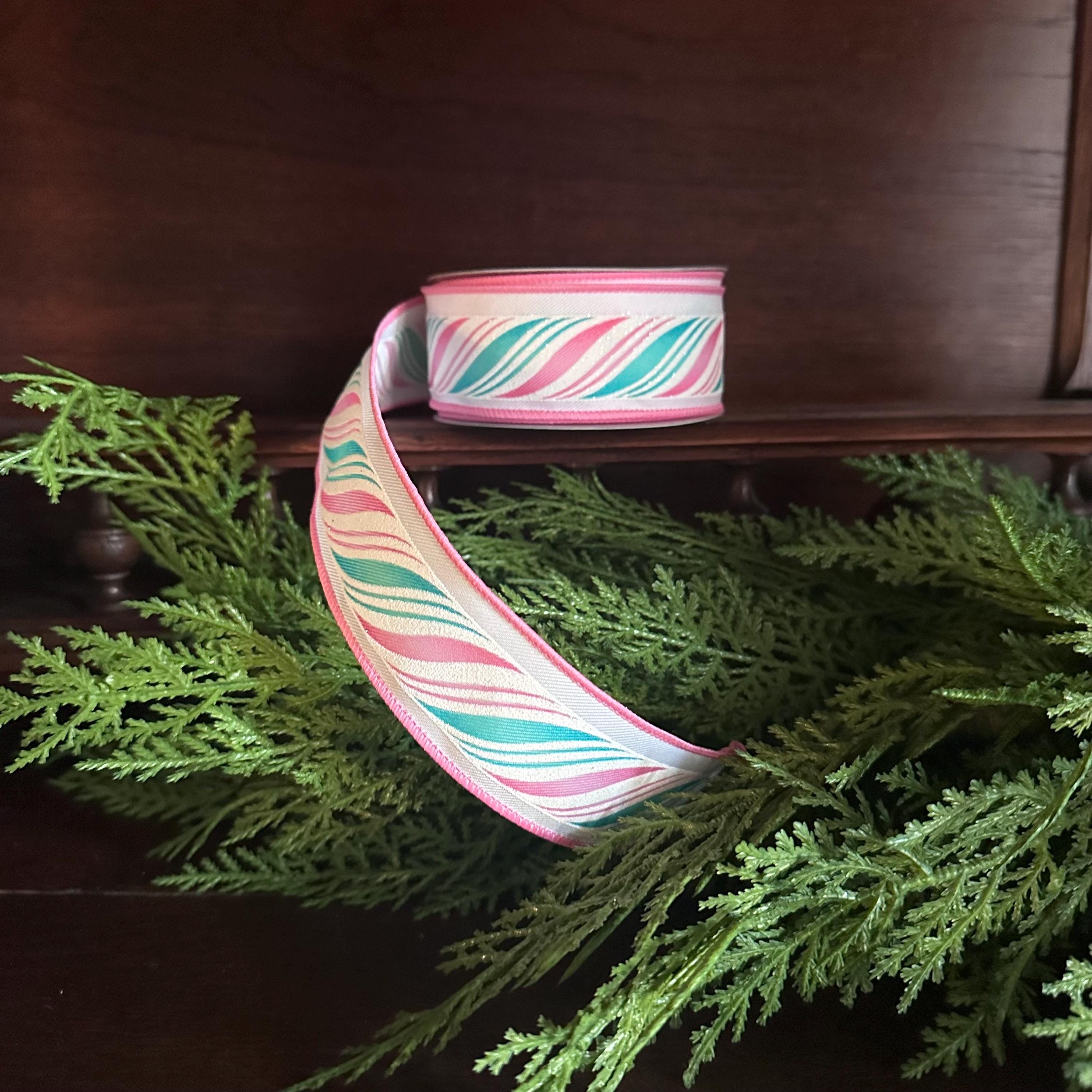Candy Cane Christmas Ribbon, Peppermint Wired Ribbon, Pink Mint Ribbon, Holiday Ribbon, Bow Making Ribbon, Christmas Decor